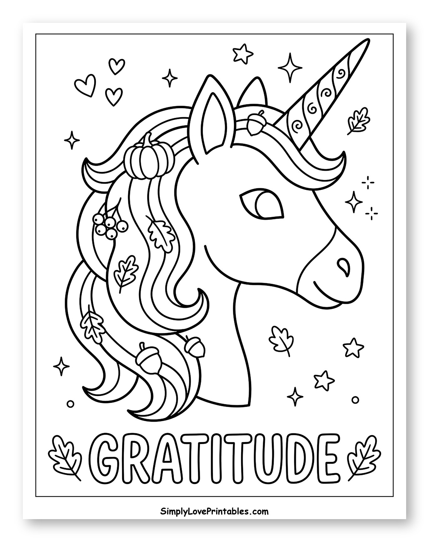 Autumn Gratitude Unicorn with Pumpkin and Acorns
