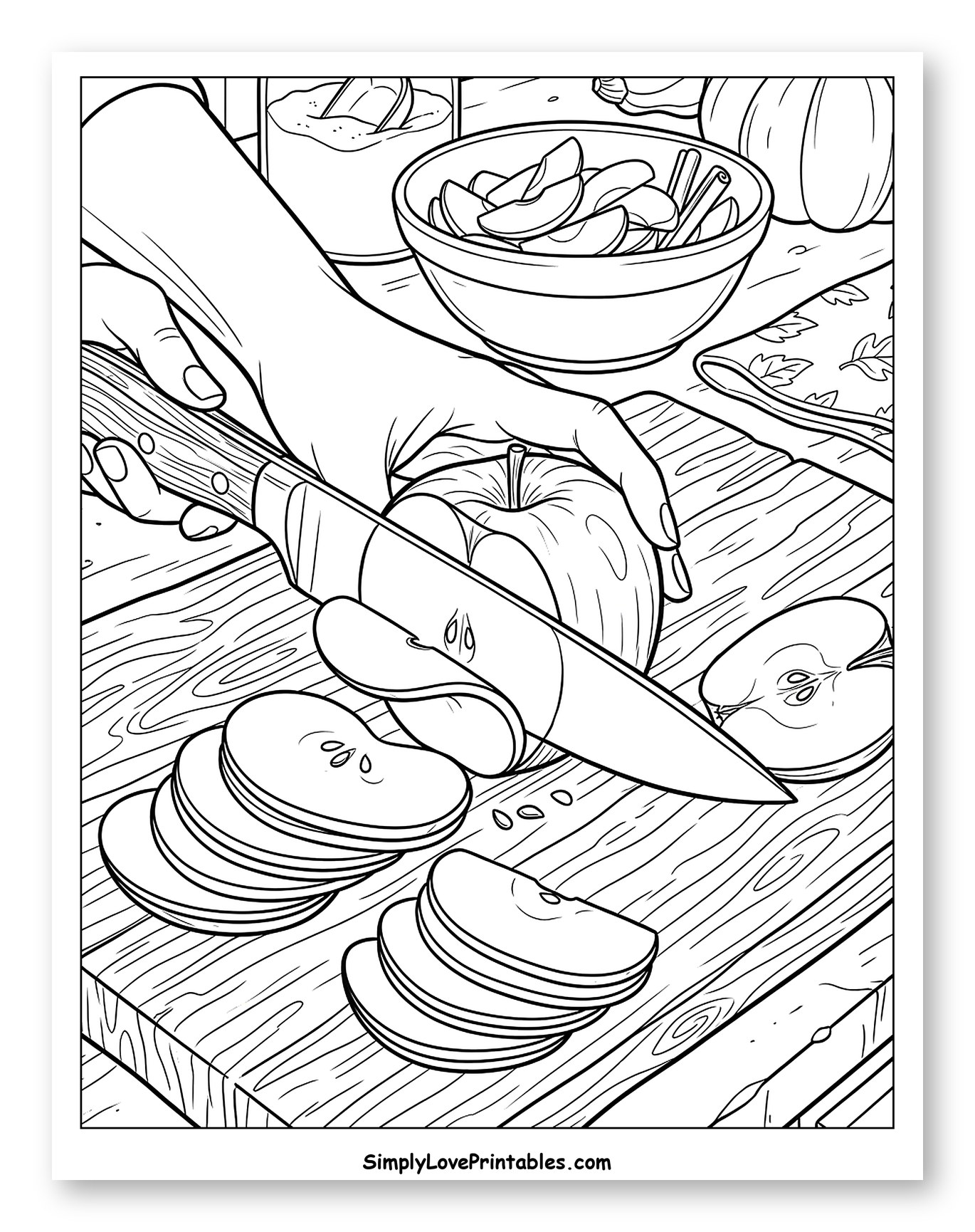 Autumn Harvest Apple Pie Preparation Coloring Sheet