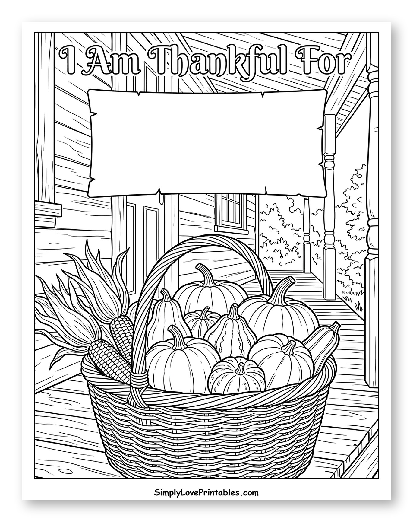 Autumn Harvest Basket on a Cozy Porch Coloring Sheet
