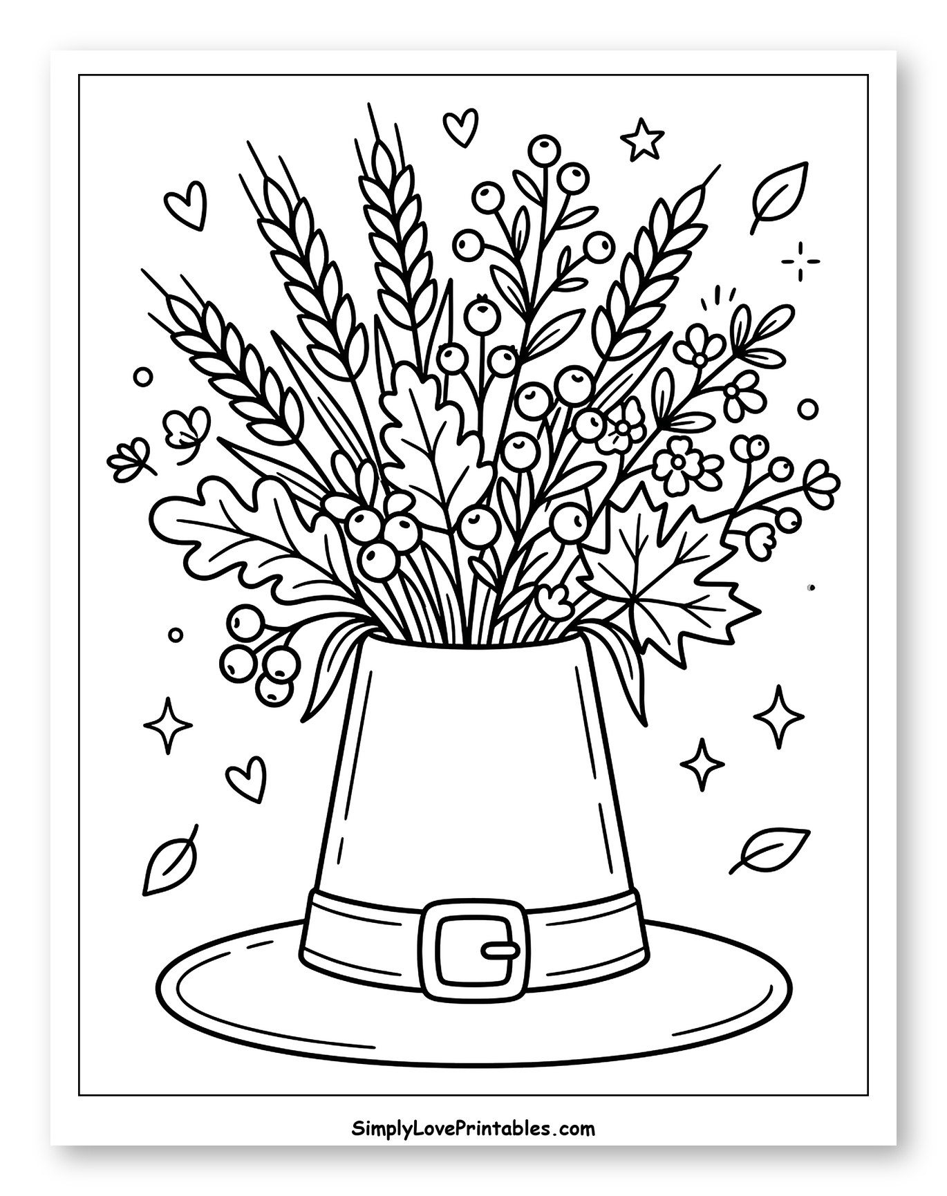 Autumn Harvest Bouquet in a Pilgrim Hat to Color for Adults