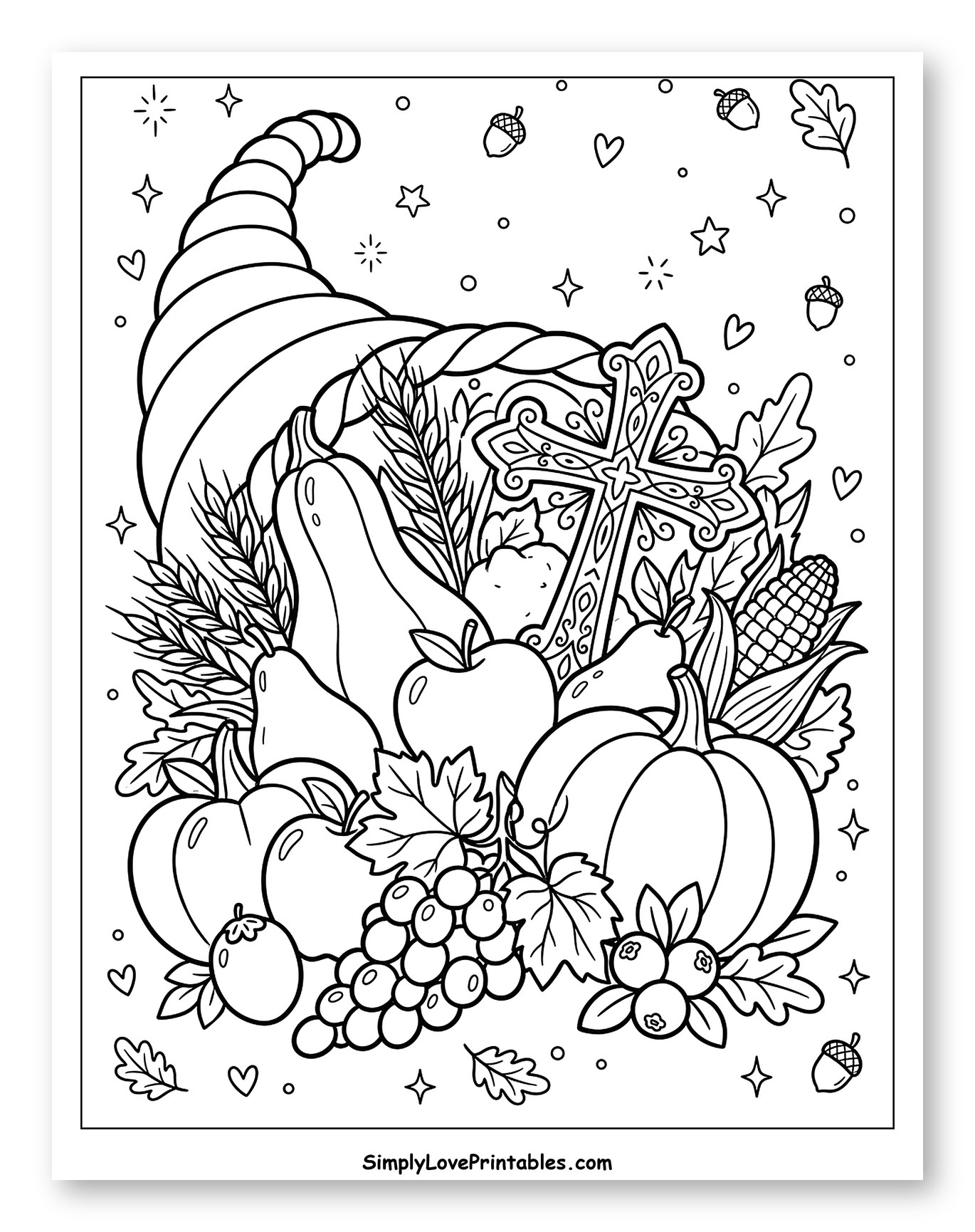 Autumn Harvest Cornucopia with Ornate Christian Cross to Color for Adults