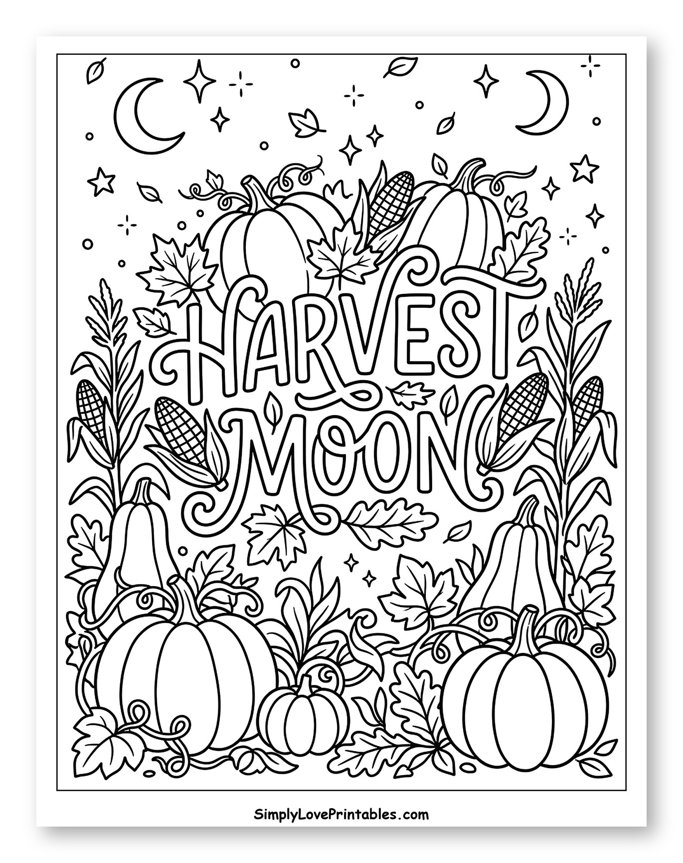 Autumn Harvest Moon with Pumpkins and Corn