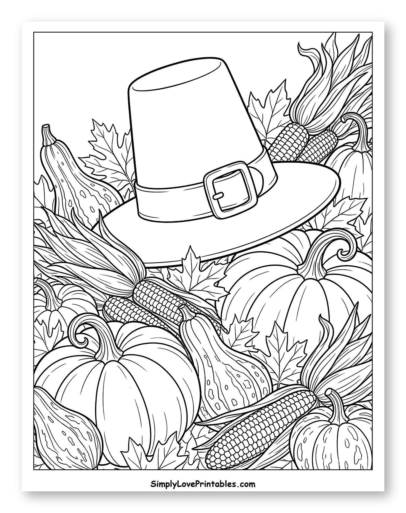 Autumn Harvest Pilgrim Hat and Produce Coloring Page