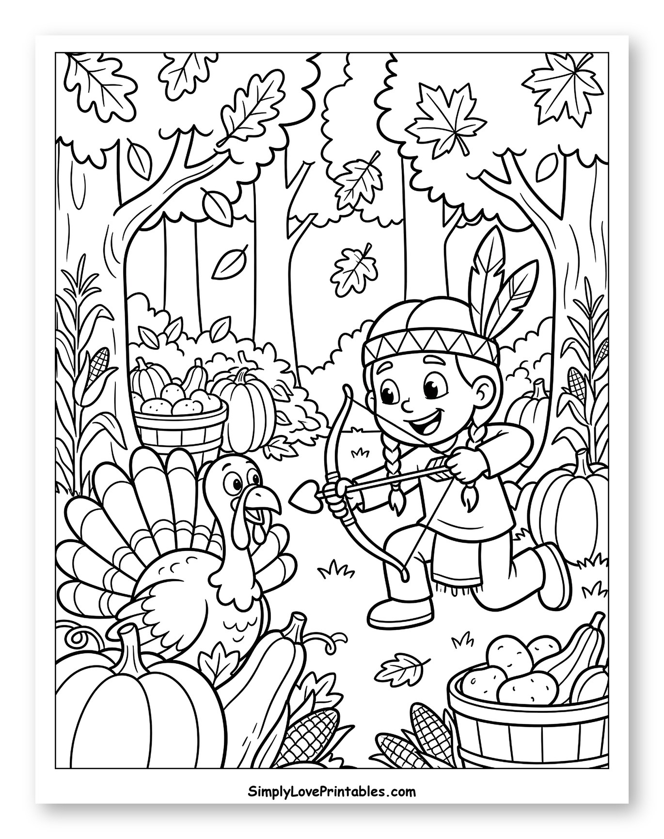 Autumn Harvest Scene with Girl and Turkey to Color for Kids