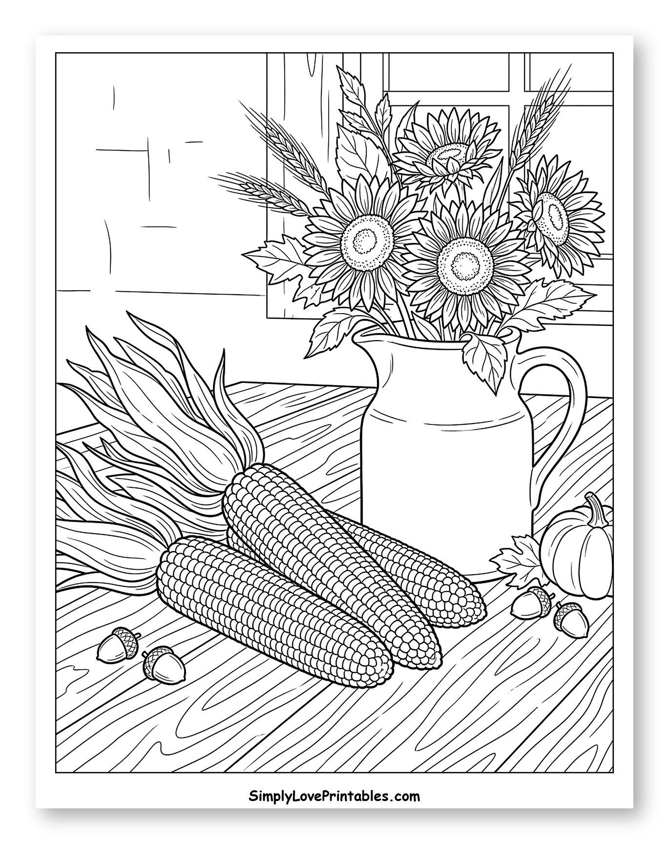 Autumn Harvest Still Life with Sunflowers and Corn Coloring Page