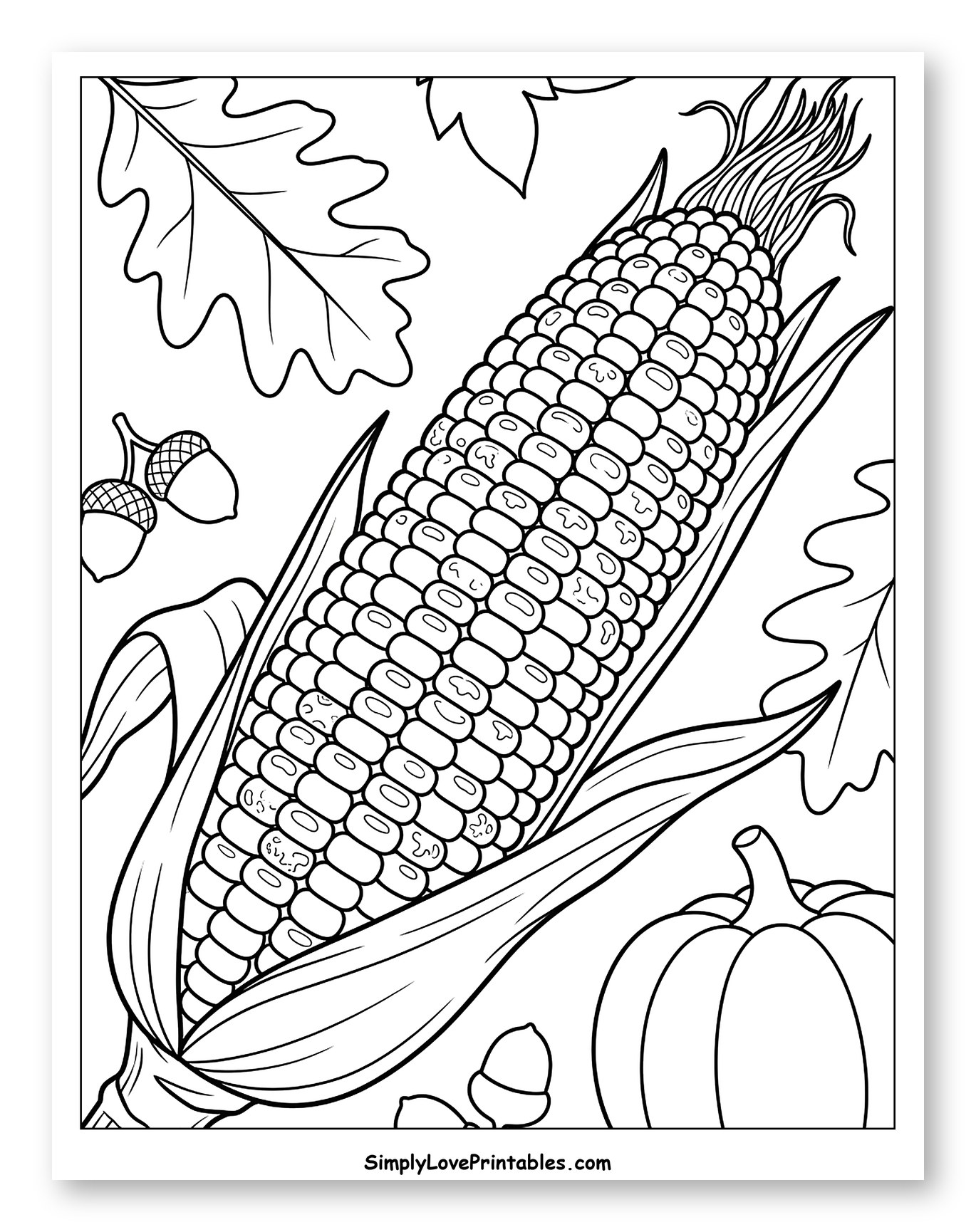 Autumn Harvest with Corn, Acorns, and Pumpkin Coloring Sheet