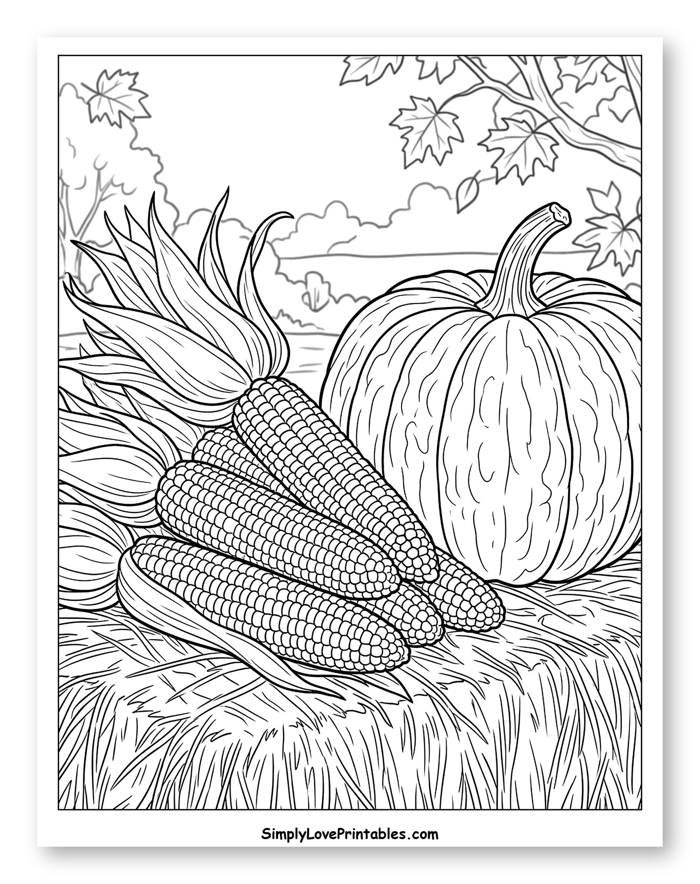 Autumn Harvest with Pumpkin and Corn Coloring Page