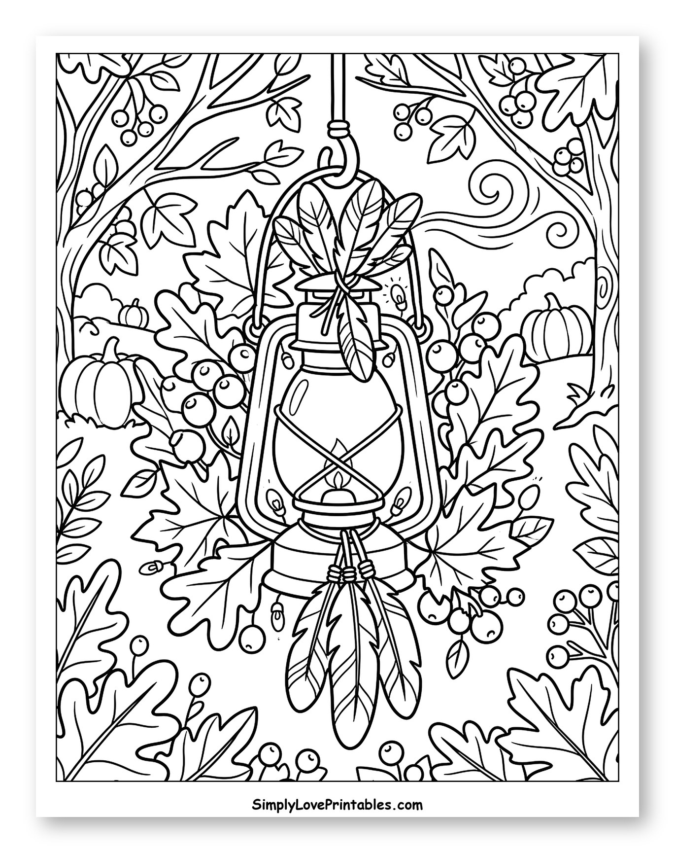 Autumn Lantern with Berries and Feathers Coloring Page for Kids