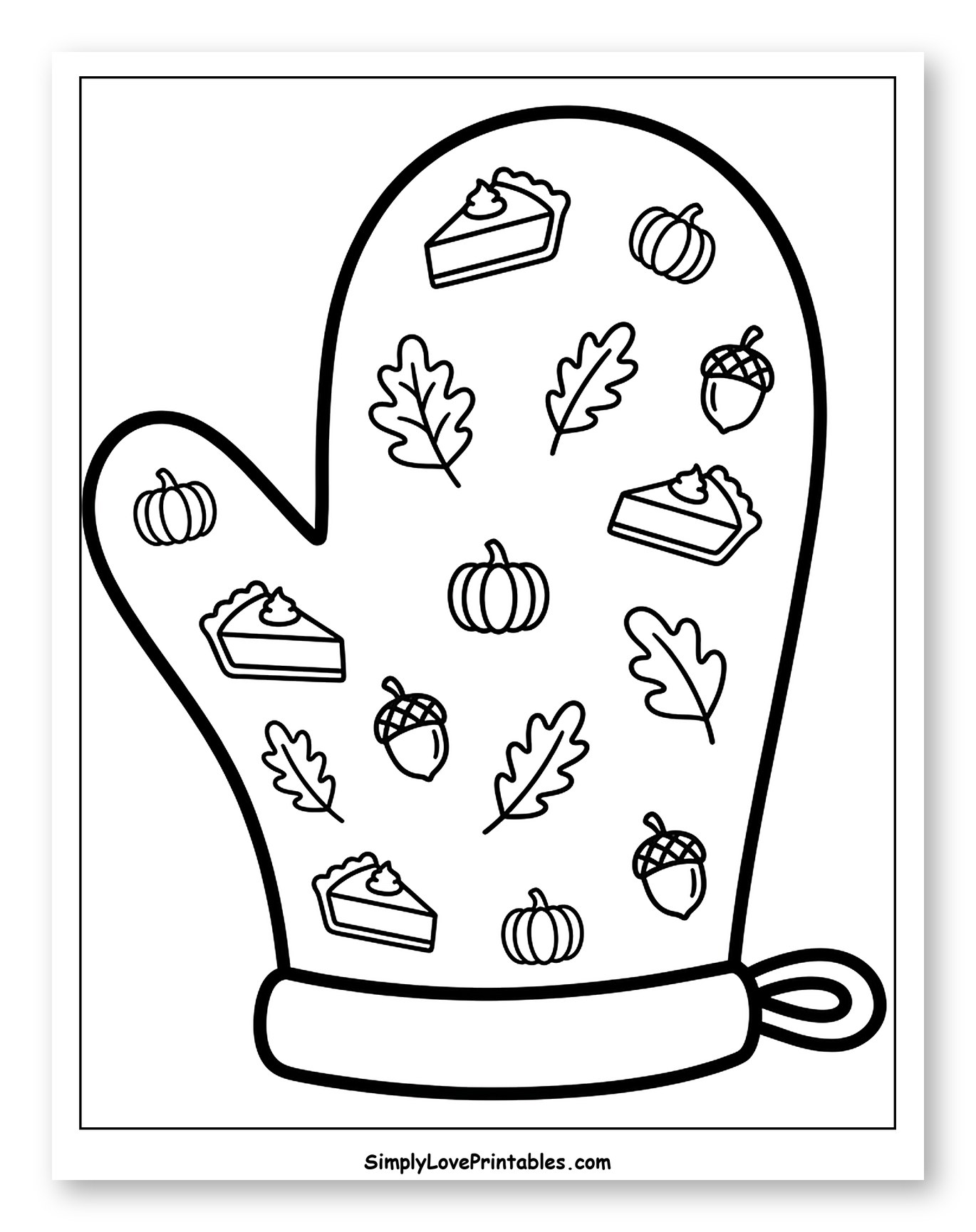 Autumn Oven Mitt with Pie and Pumpkins Coloring Page for Toddlers