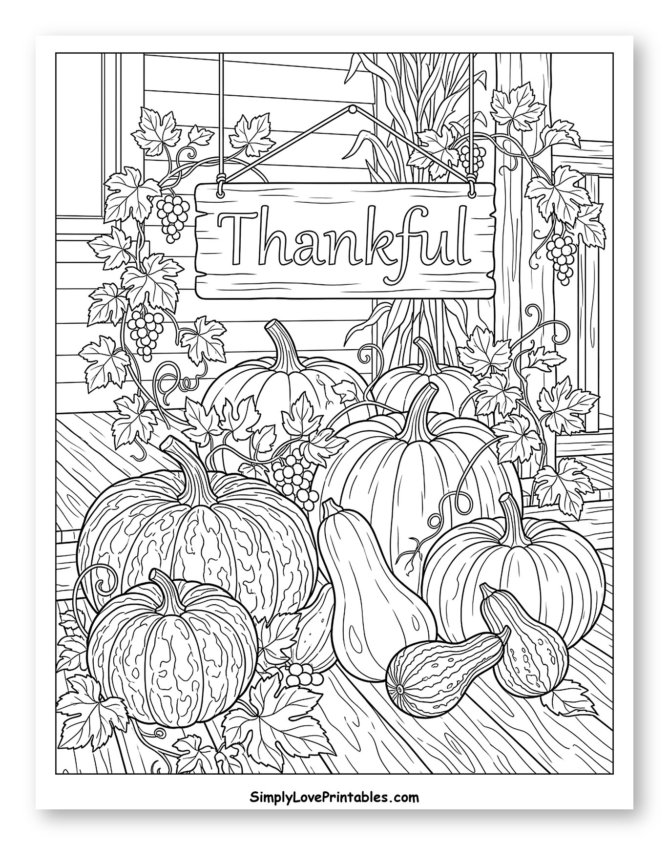 Autumn Porch Harvest with Thankful Sign Coloring Sheet