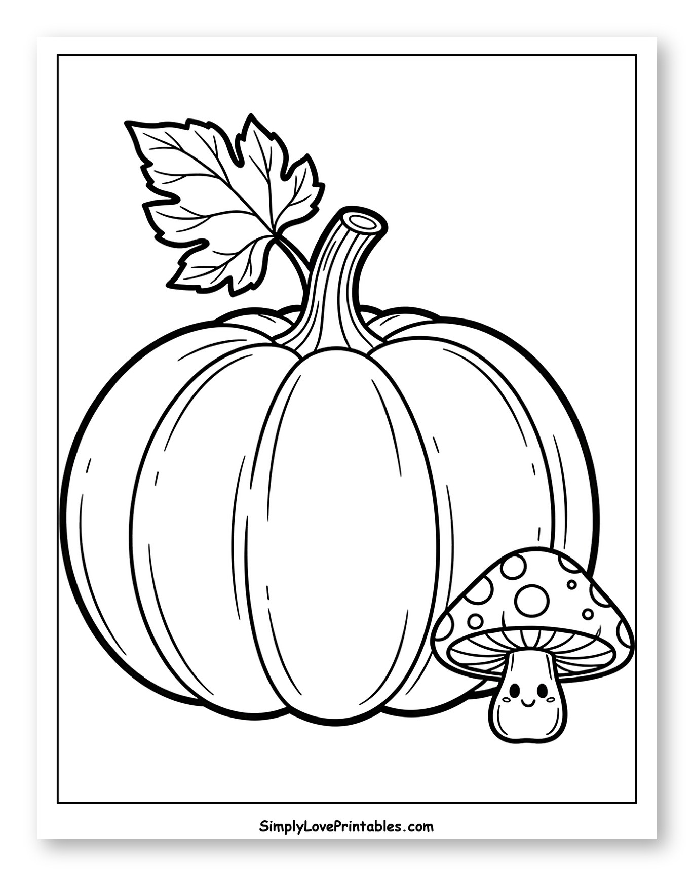 Autumn Pumpkin with Leaf and Cute Mushroom to Color for Toddlers