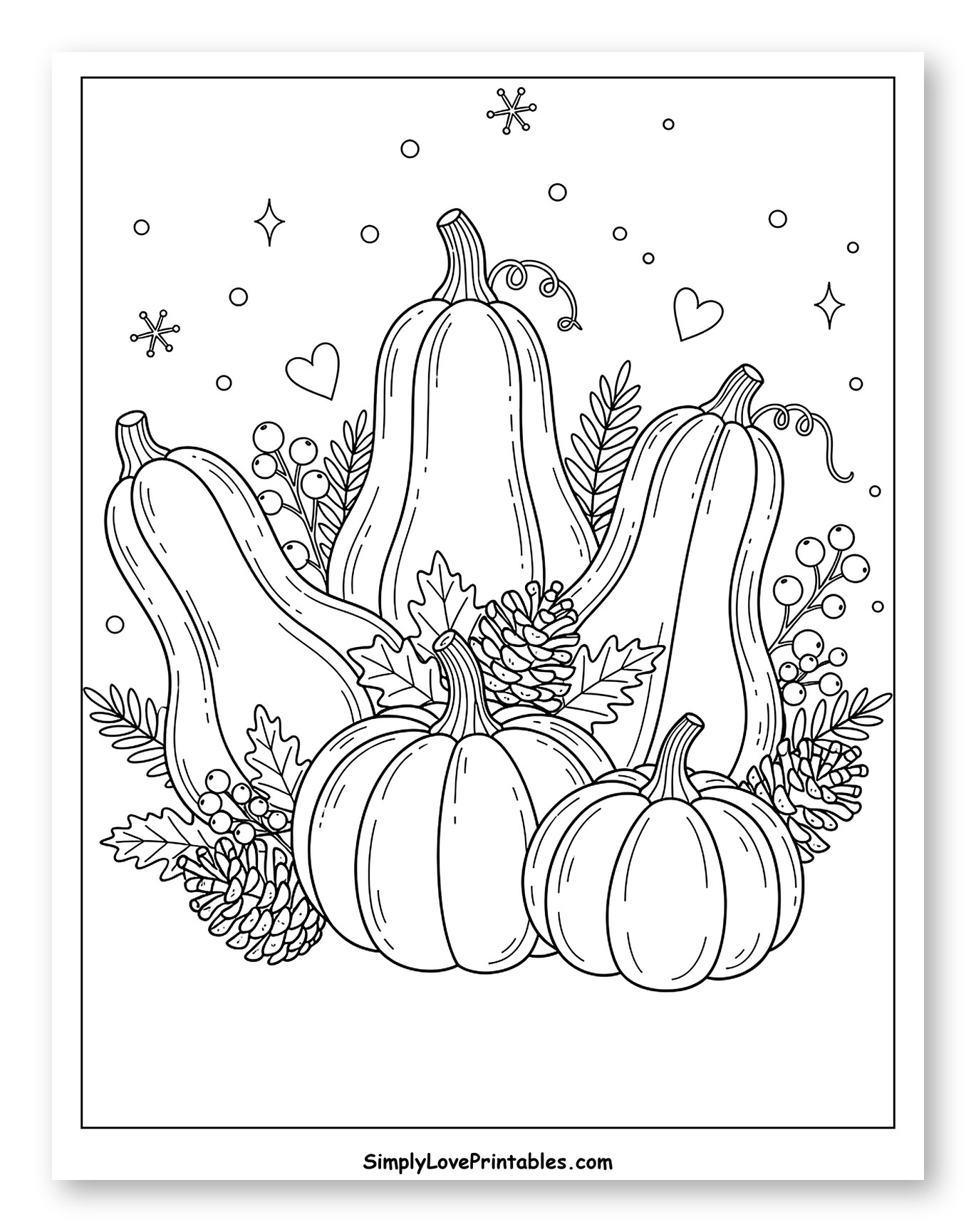 Autumn Pumpkins and Gourds with Leaves and Berries Coloring Page for Adults
