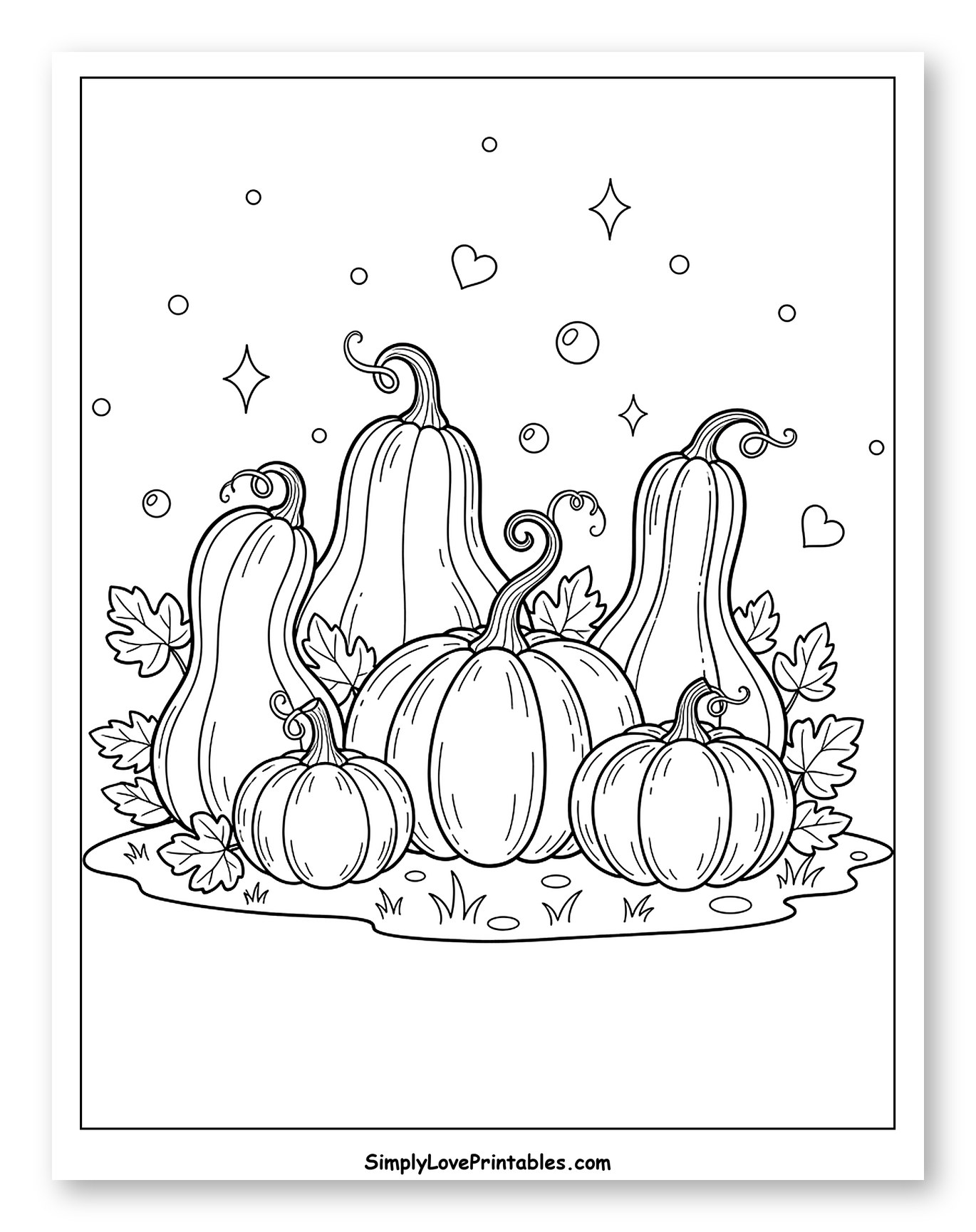 Autumn Pumpkins and Leaves with Sky Decorations to Color for Adults