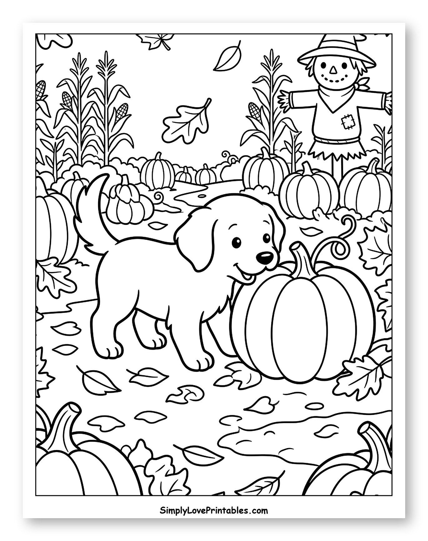 Autumn Puppy in a Pumpkin Patch with Scarecrow to Color for Kids