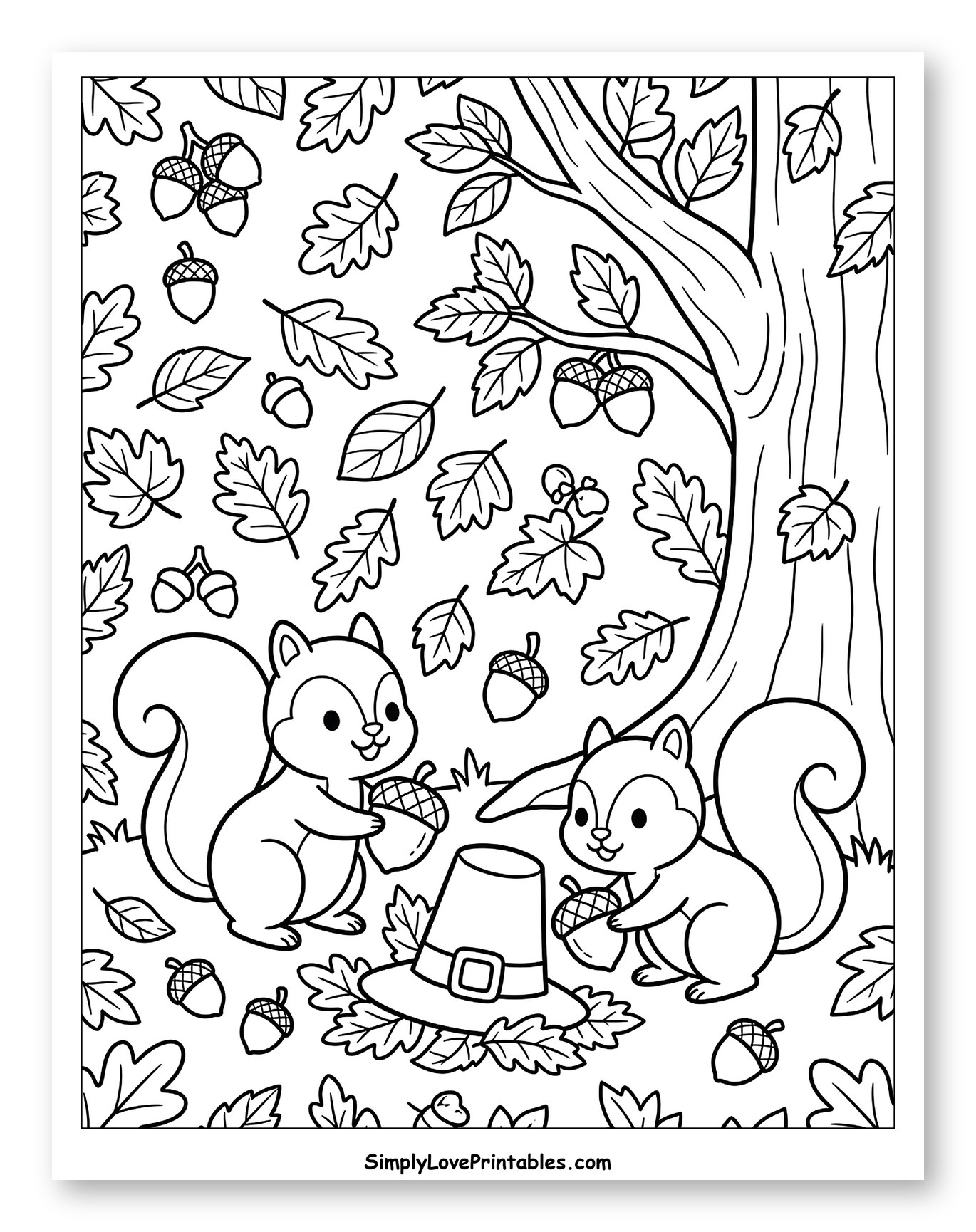 Autumn Scene with Squirrels, Acorns, and Pilgrim Hat