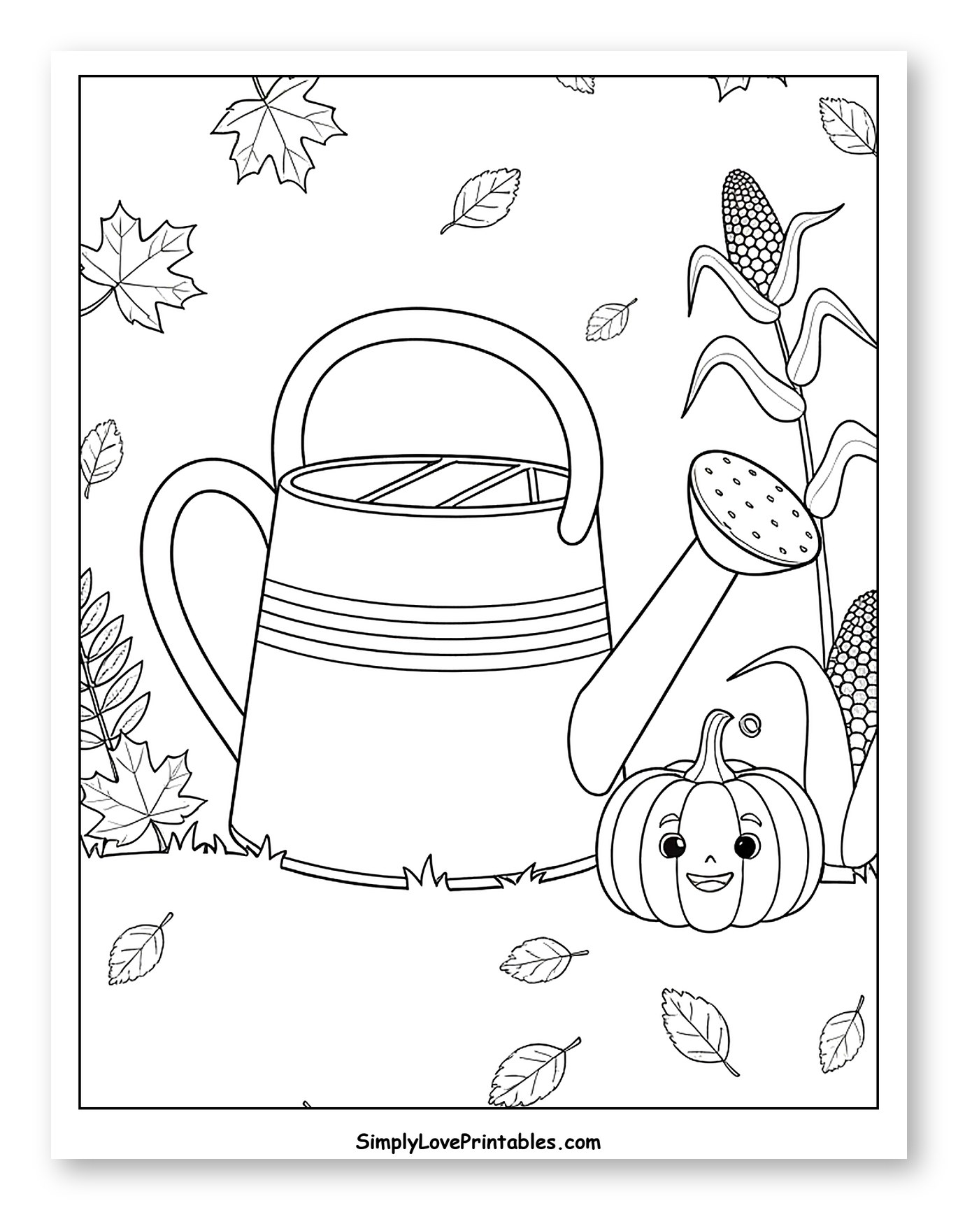 Autumn Scene with Watering Can and Pumpkin Coloring Sheet for Kids