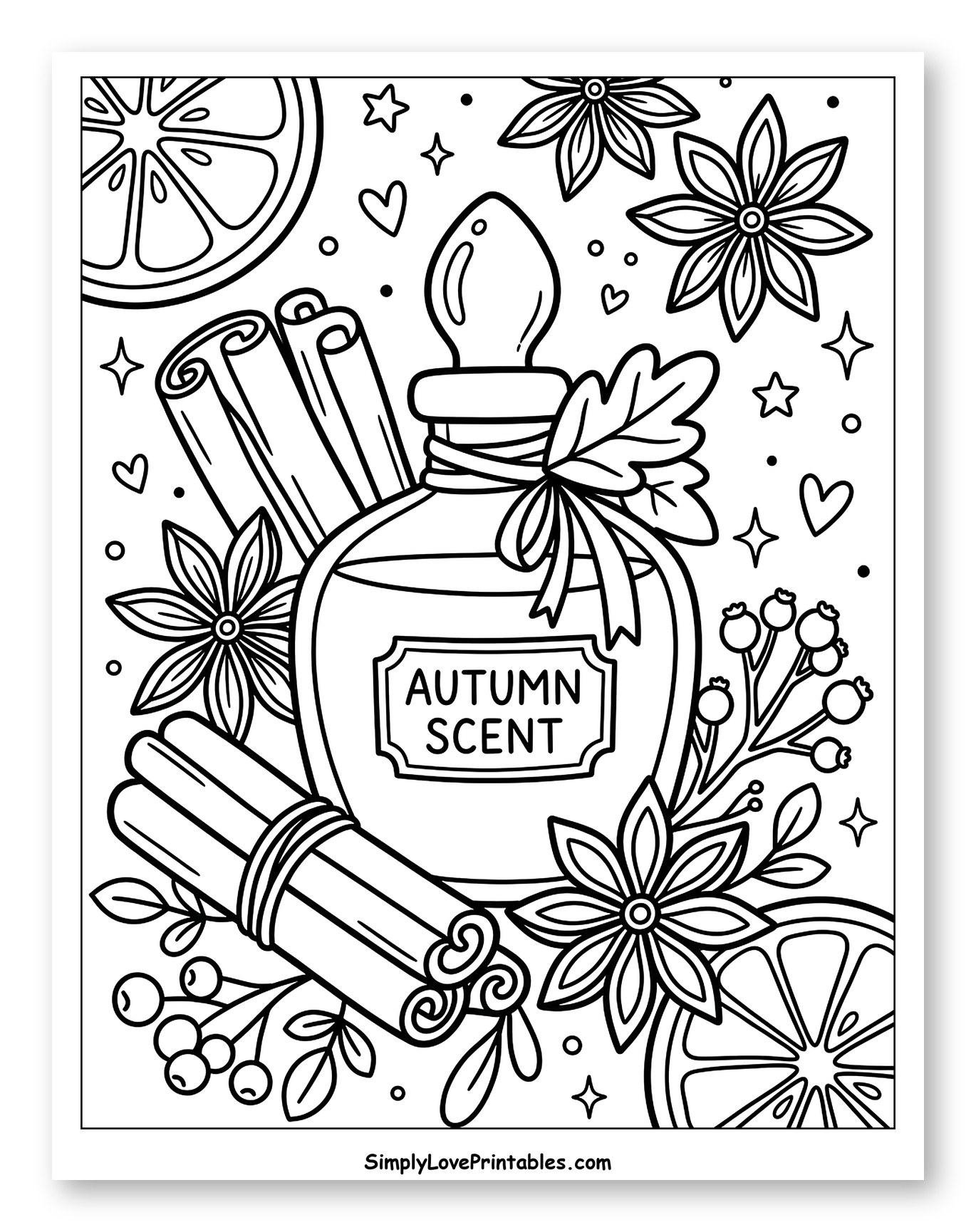 Autumn Scent Perfume Bottle with Spices and Citrus Coloring Page for Adults