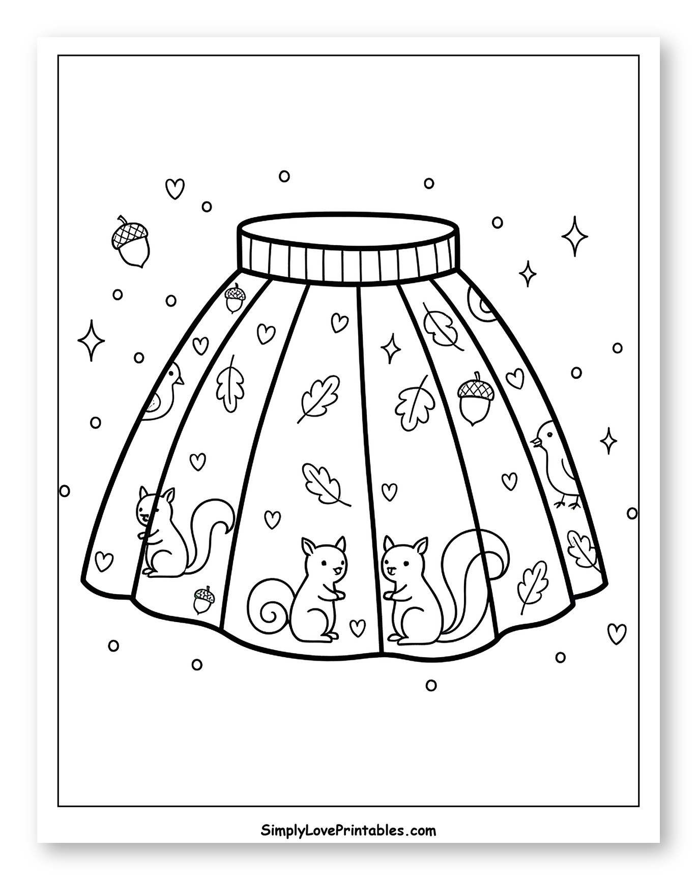 Autumn Skirt with Squirrels and Leaves Coloring Sheet for Adults