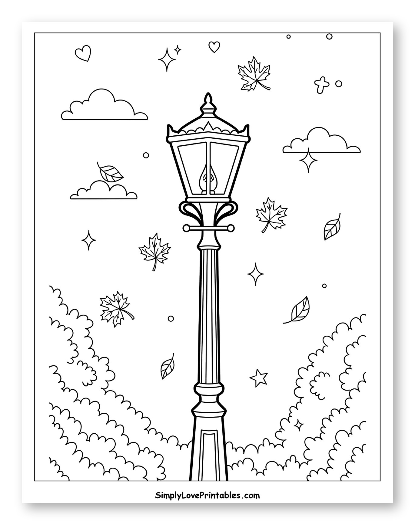 Autumn Street Lamp with Falling Leaves and Bushes Coloring Page for Adults