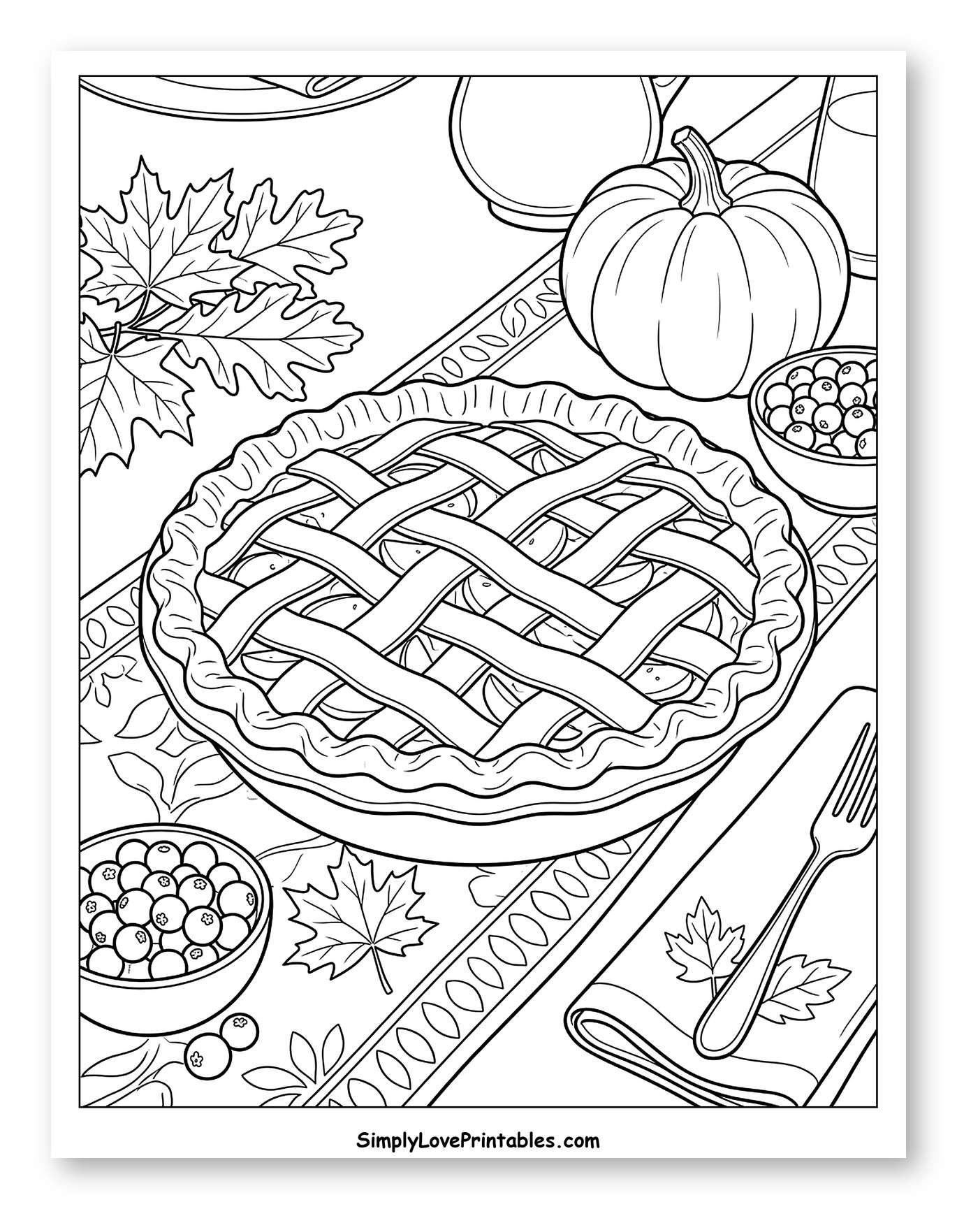 Autumn Table Setting with Apple Pie and Pumpkin Coloring Page
