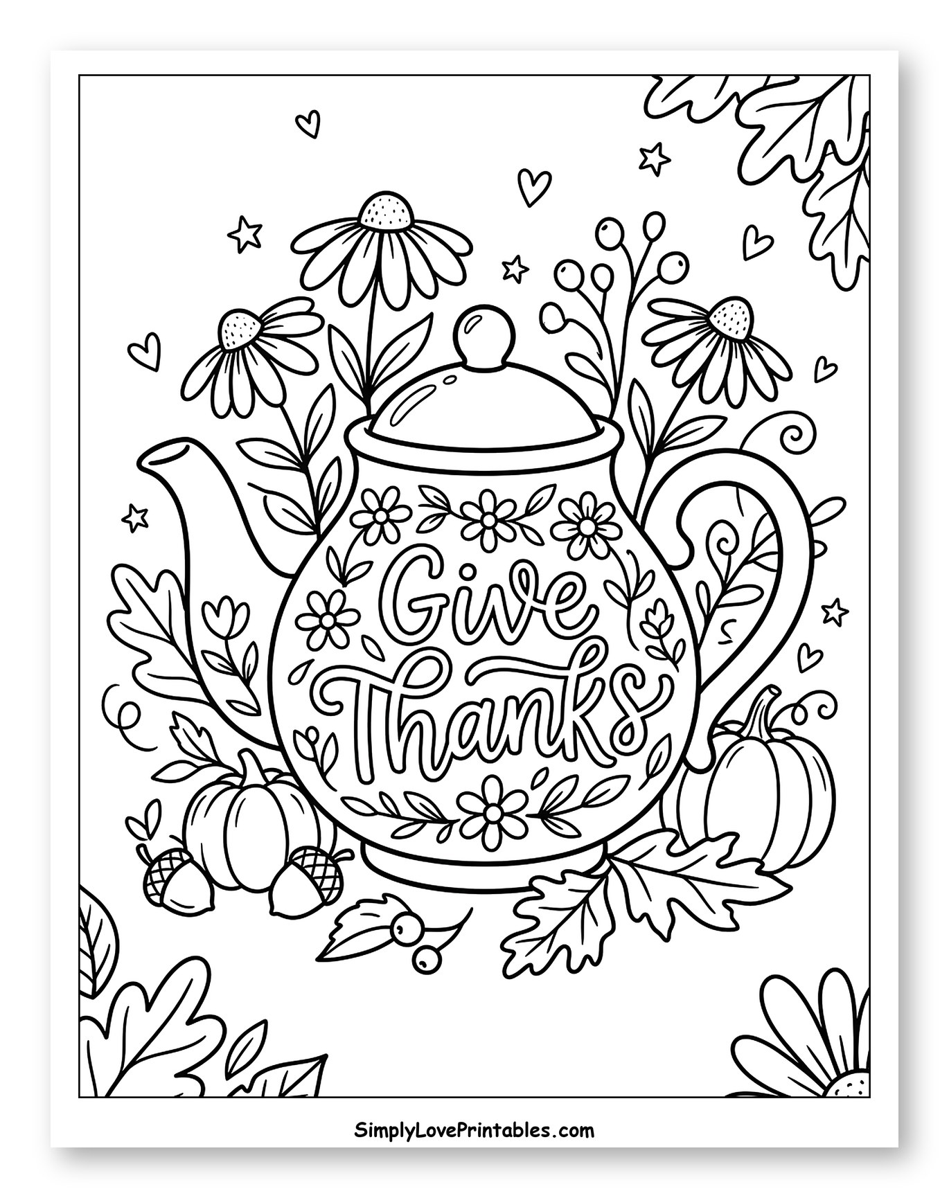 Autumn Teapot with Give Thanks Lettering Coloring Page for Adults