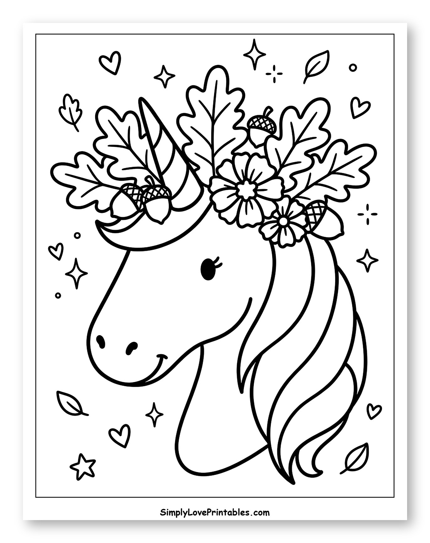 Autumn Unicorn Wearing an Oak Leaf Crown Coloring Sheet for Adults