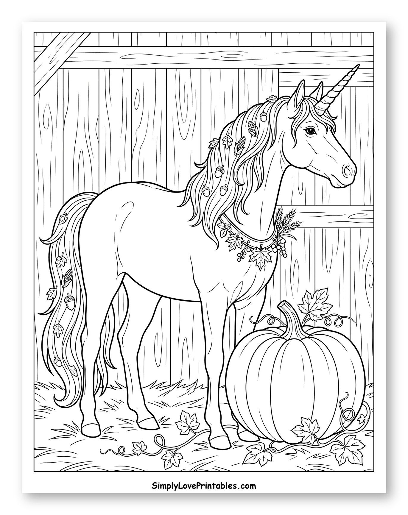 Autumn Unicorn with Large Pumpkin in the Barn