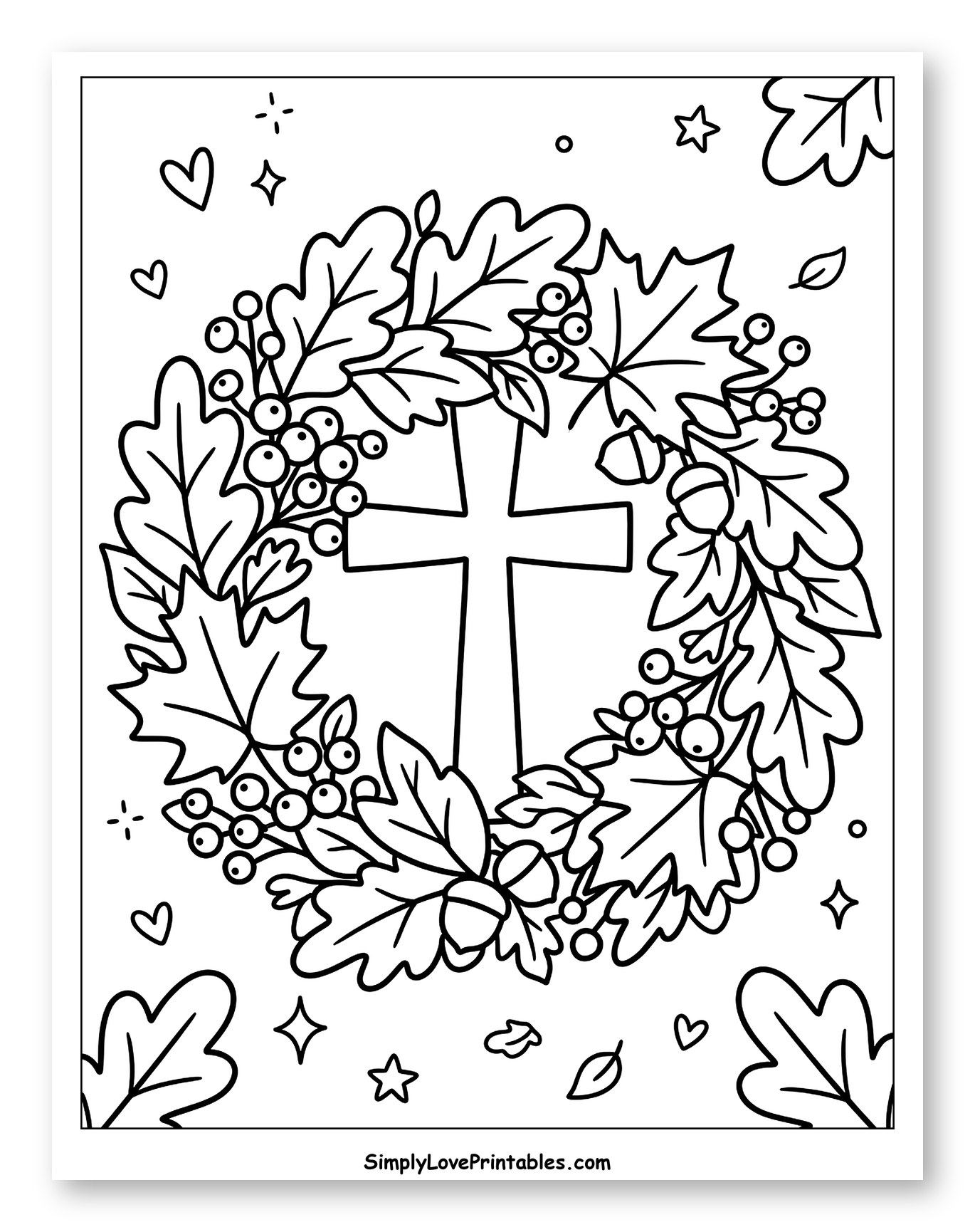 Autumn Wreath with Christian Cross Coloring Page for Adults
