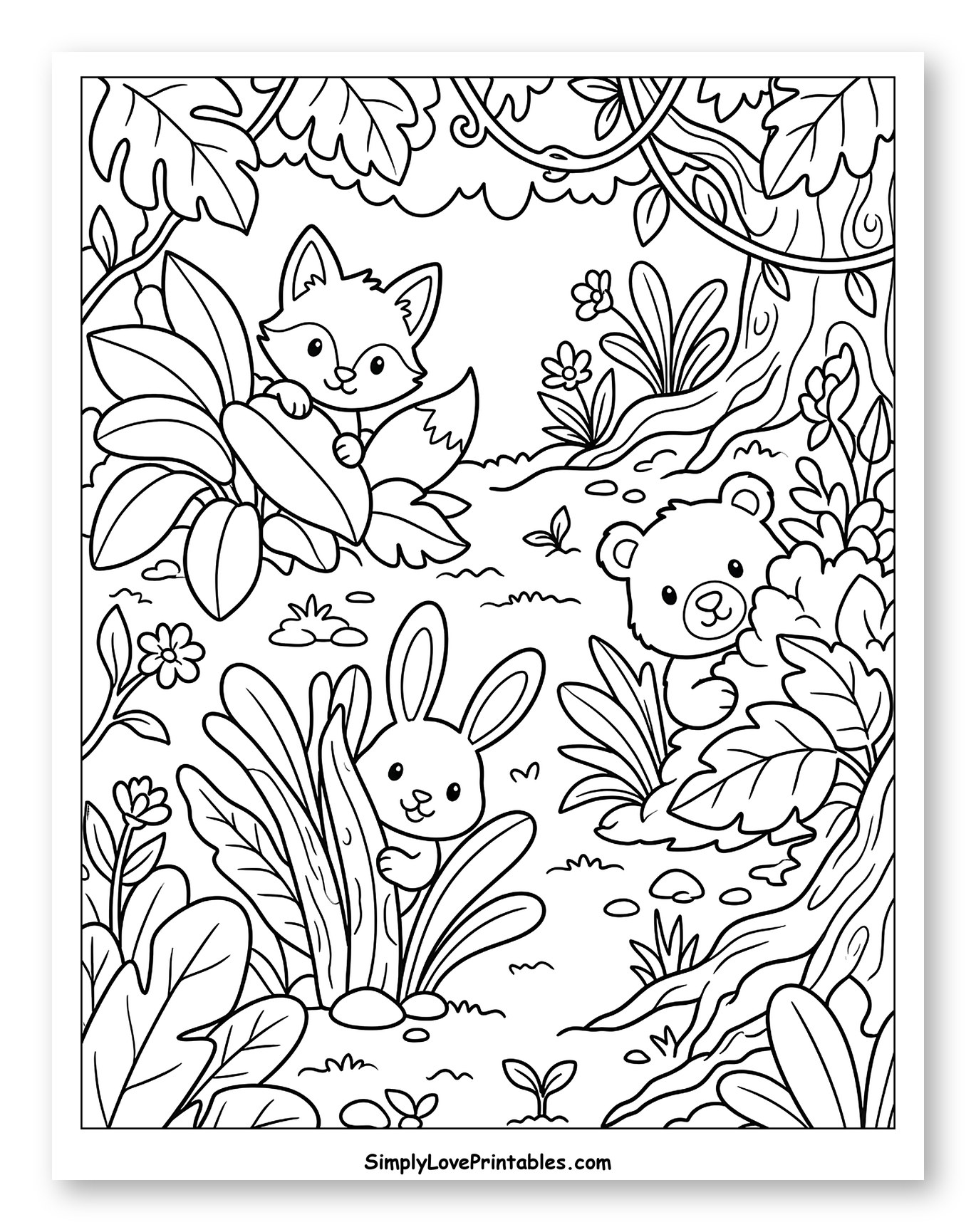 Baby Animals Playing Hide and Seek Coloring Sheet for Kids