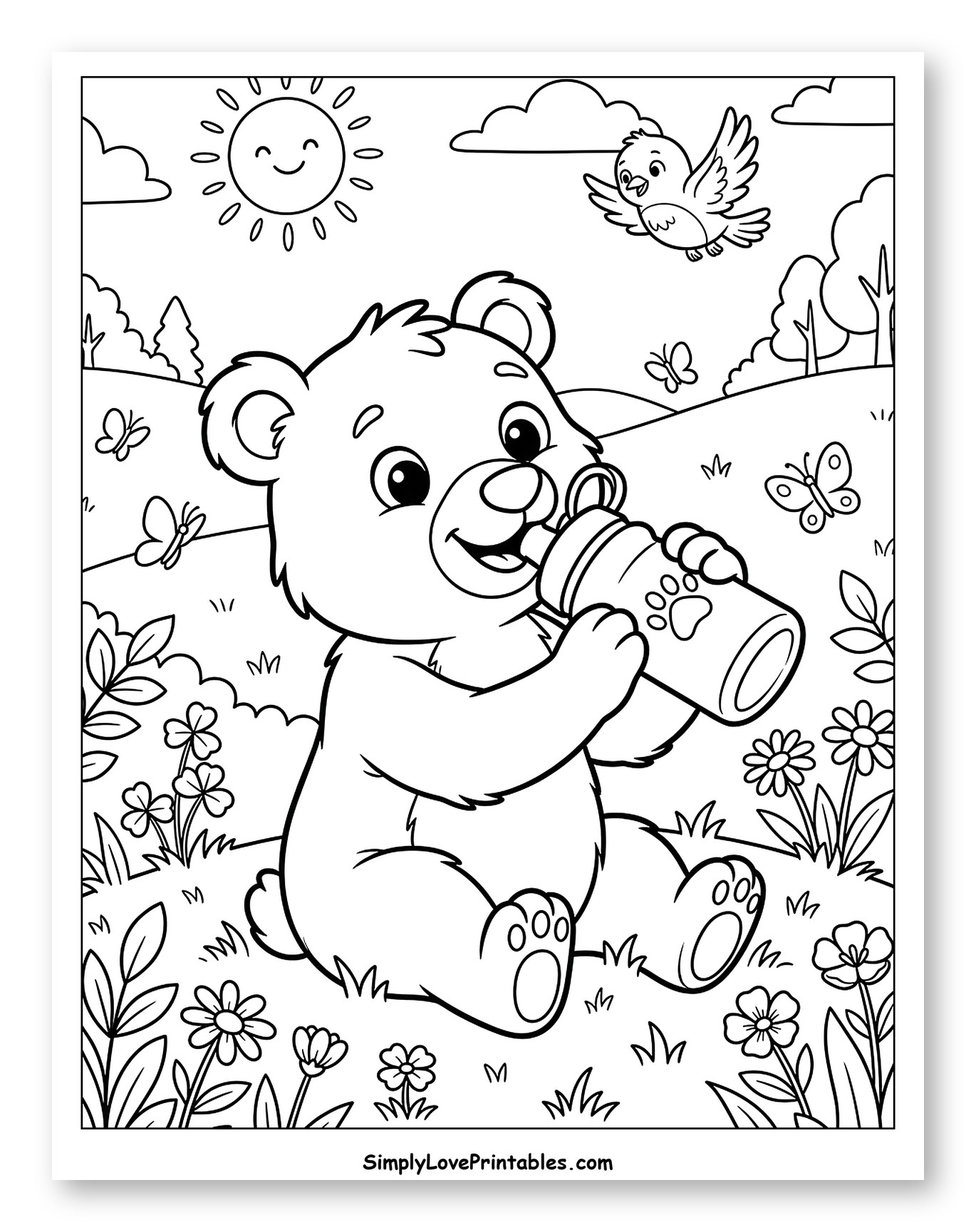 Baby Bear Drinking Bottle in Sunny Field Coloring Page for Kids