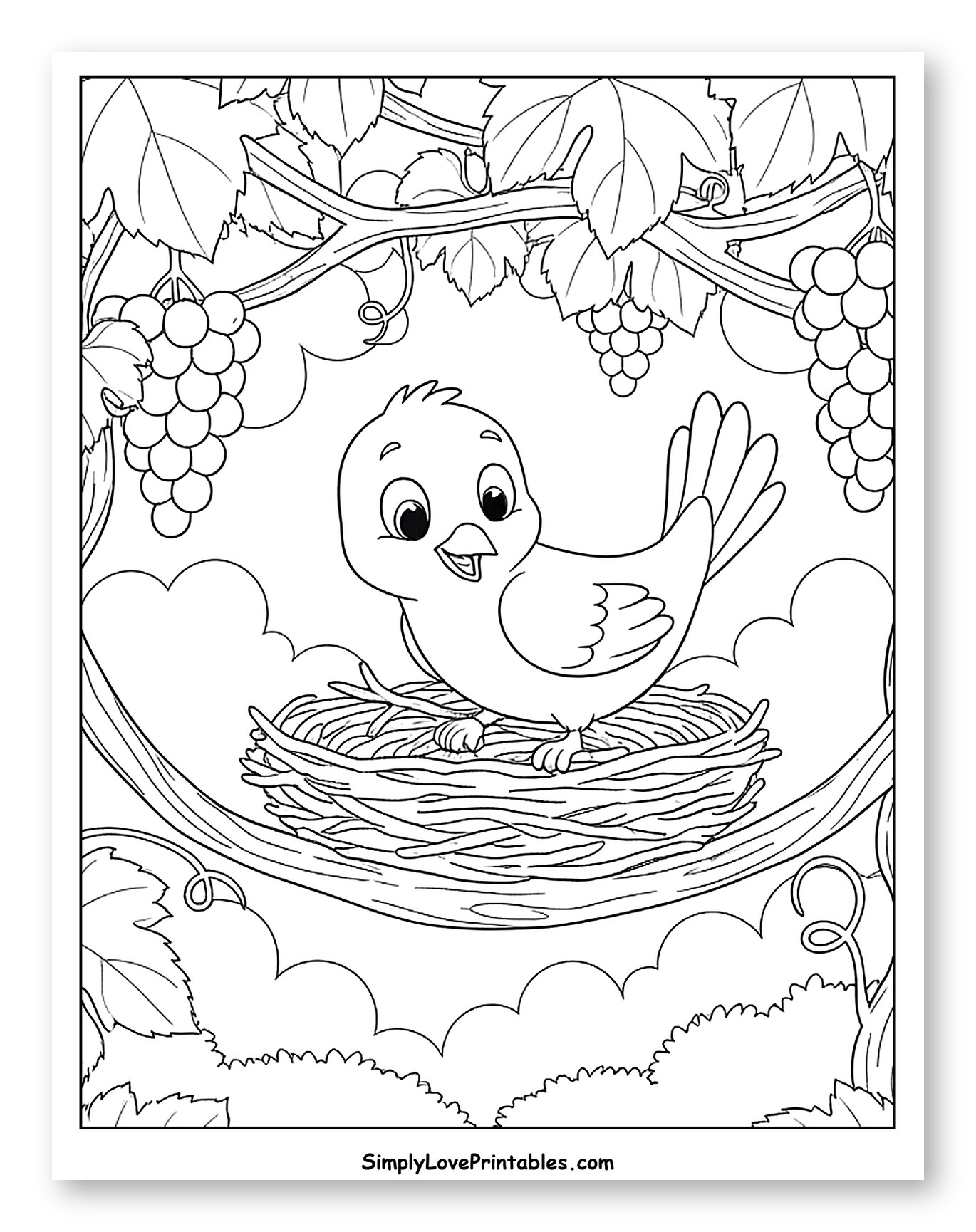 Baby Bird in a Nest Among Grapes