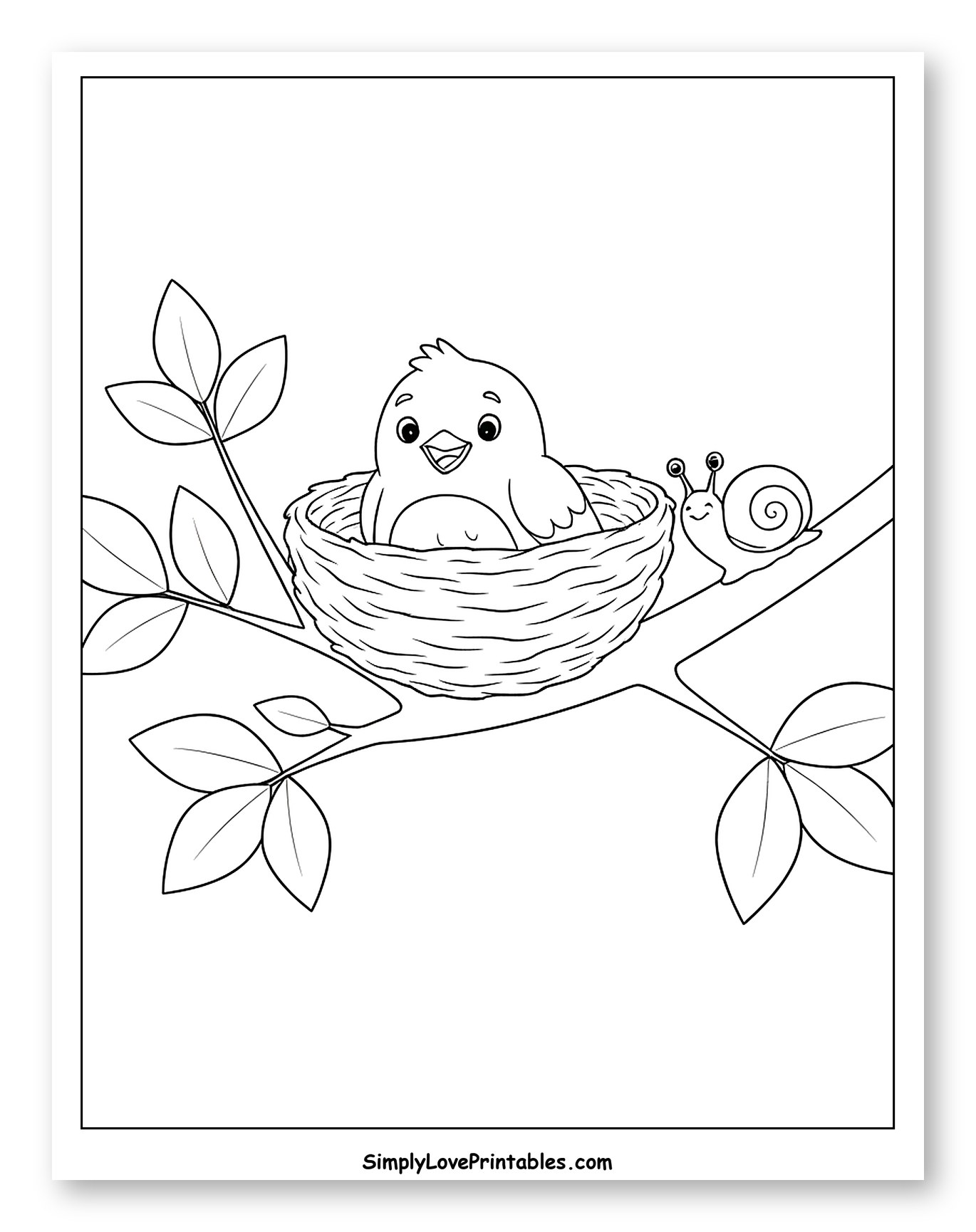 Baby Bird in Nest with Snail Friend Coloring Sheet for Kids