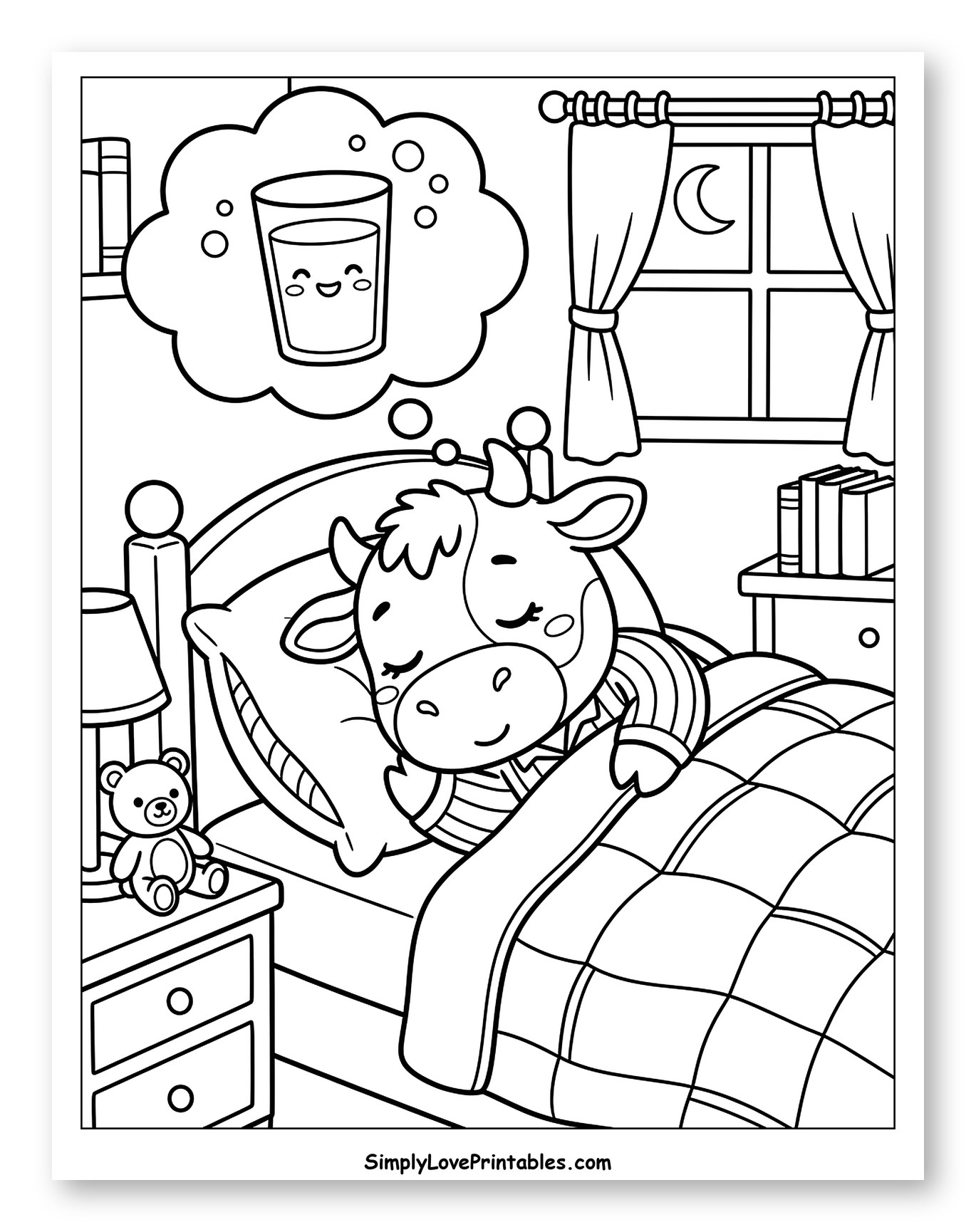 Baby Cow Sleeping and Dreaming of Milk Coloring Sheet for Kids