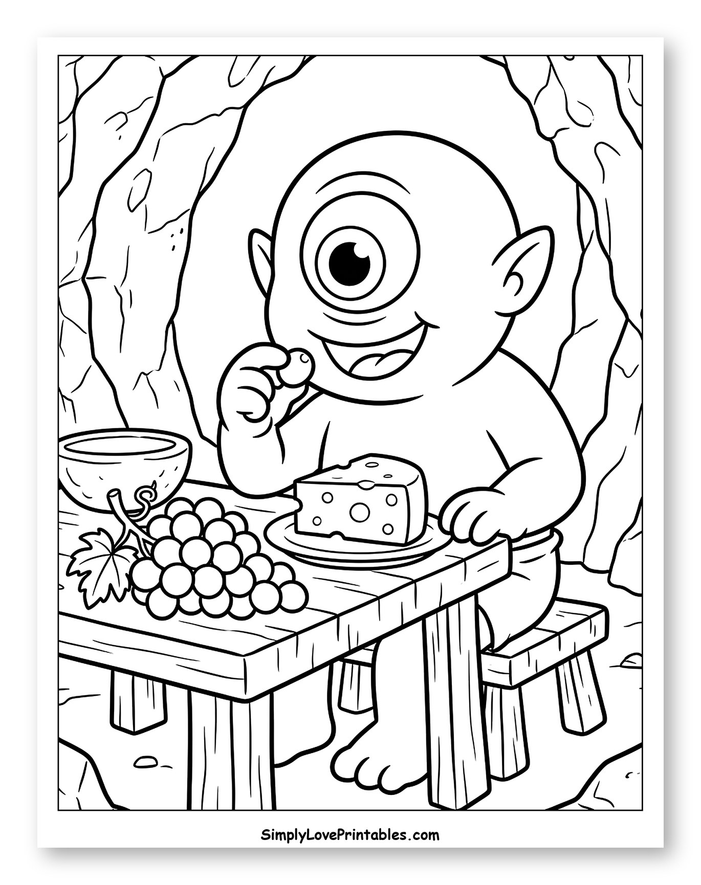 Baby Cyclops Eating Grapes and Cheese in a Cave Coloring Page for Kids