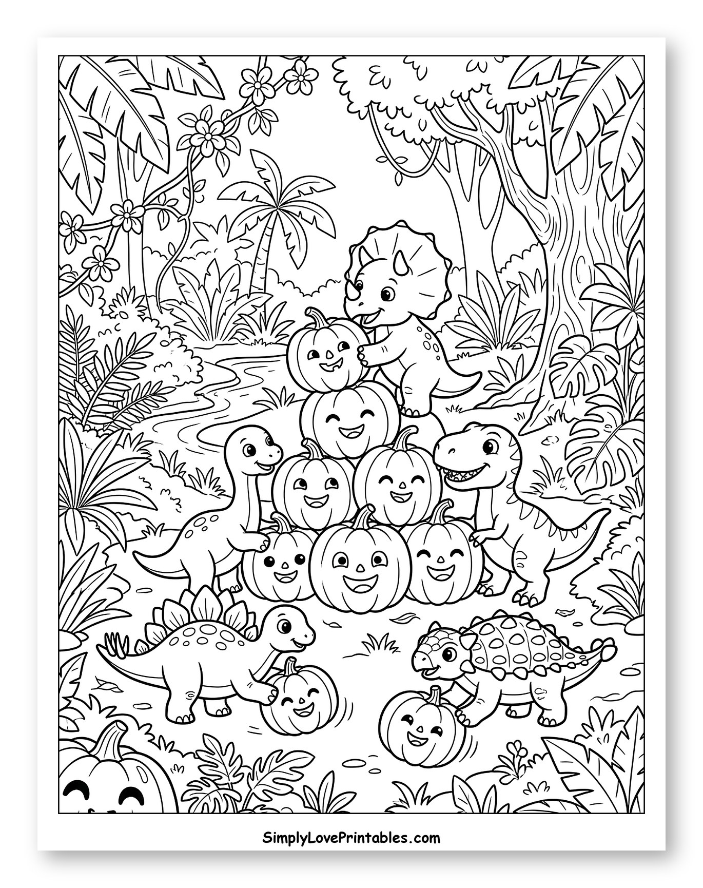 Baby Dinosaurs Playing with Halloween Pumpkins