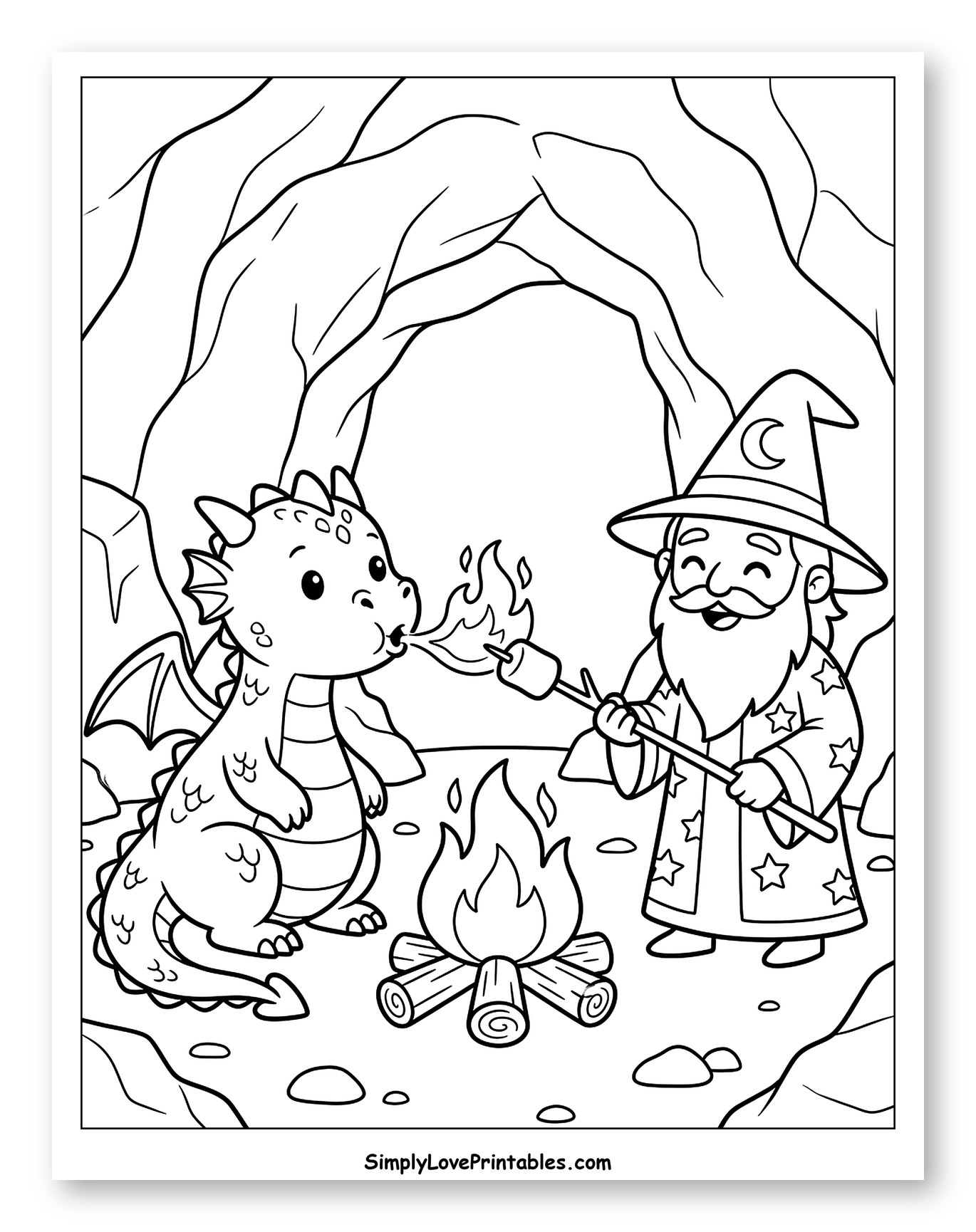 Baby Dragon and Wizard Roasting Marshmallow Coloring Page for Kids