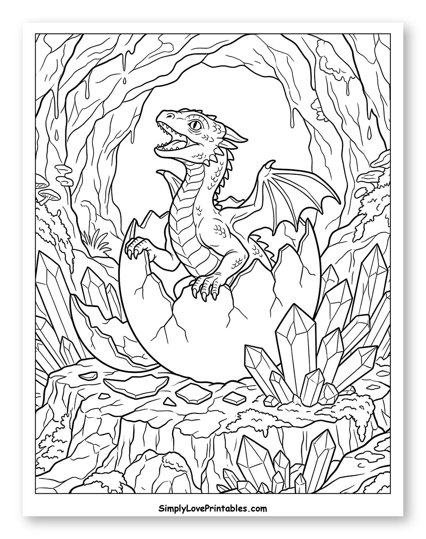 Baby Dragon Hatching in a Crystal Cave Coloring Page