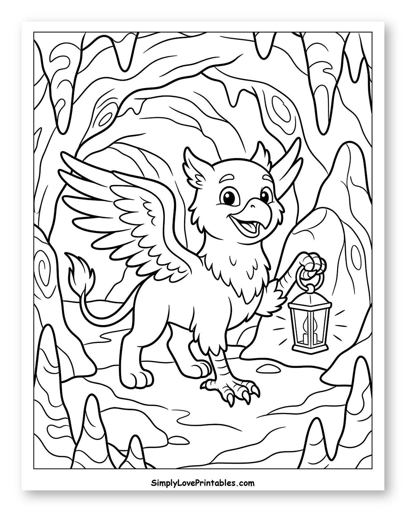 Baby Griffin Holding Lantern in Cave