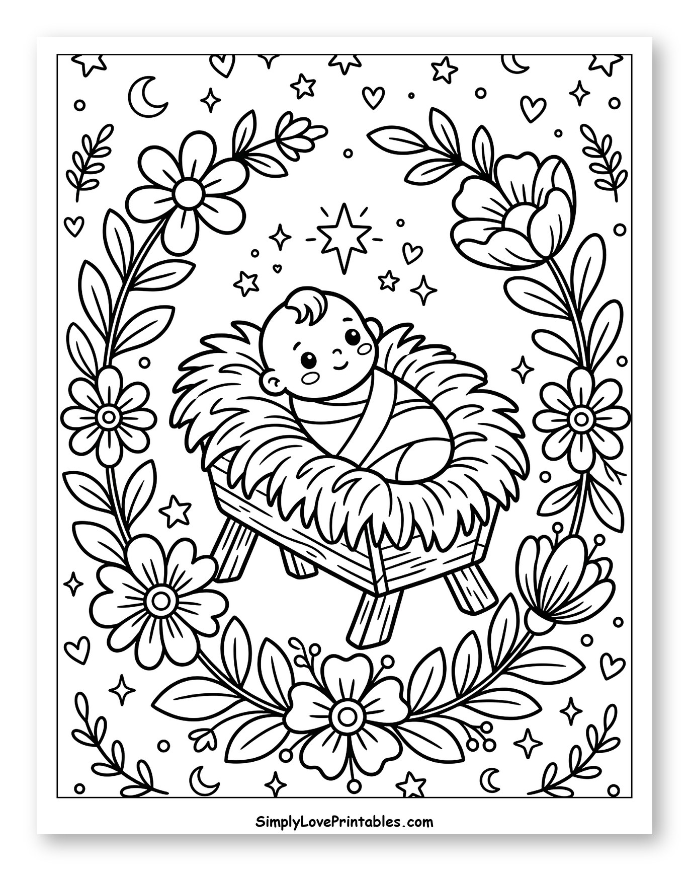Baby Jesus in a Manger with Flowers to Color for Adults