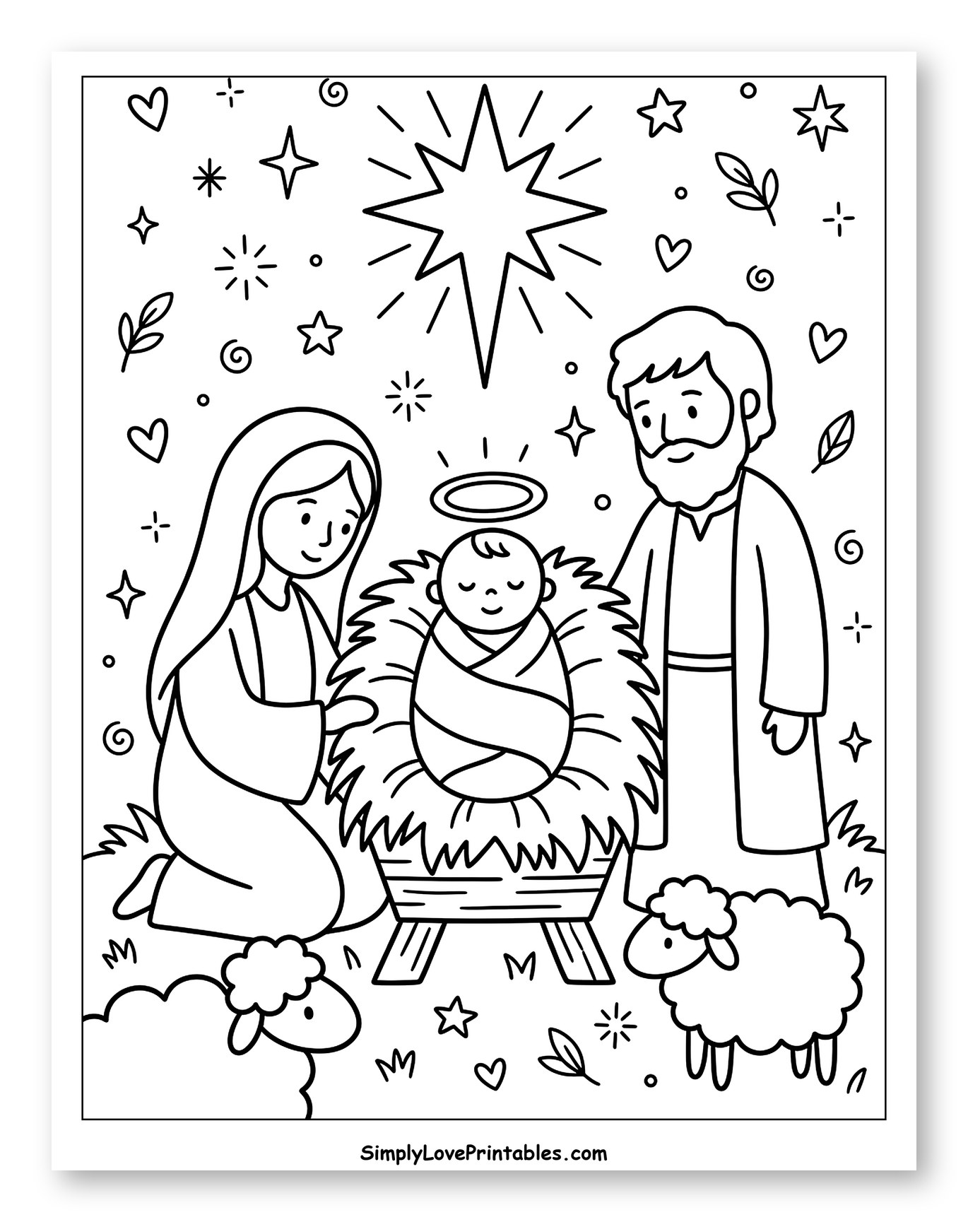 Baby Jesus in Manger Nativity Scene Coloring Page for Adults