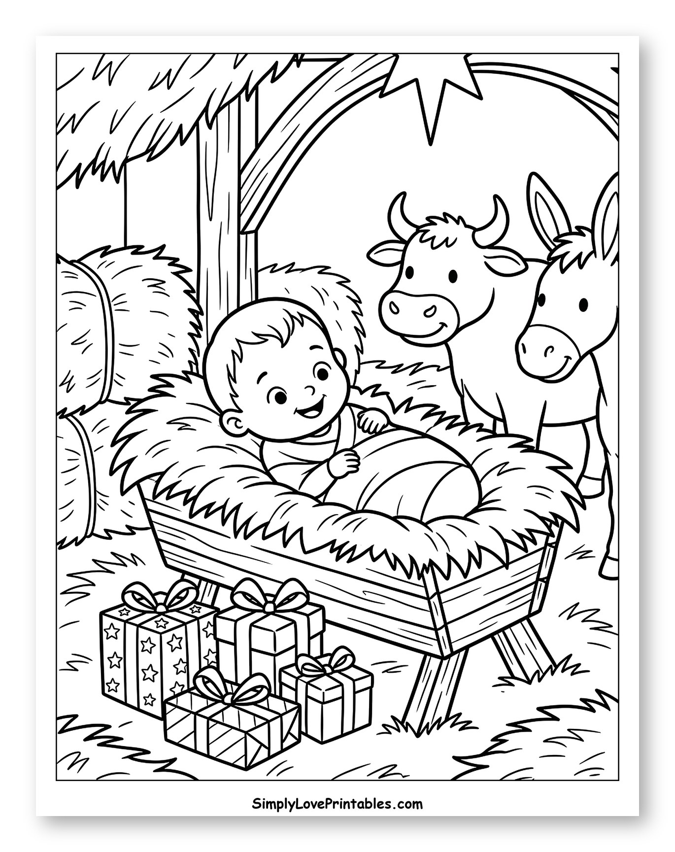 Baby Jesus in Manger with Animals and Gifts Coloring Sheet for Kids