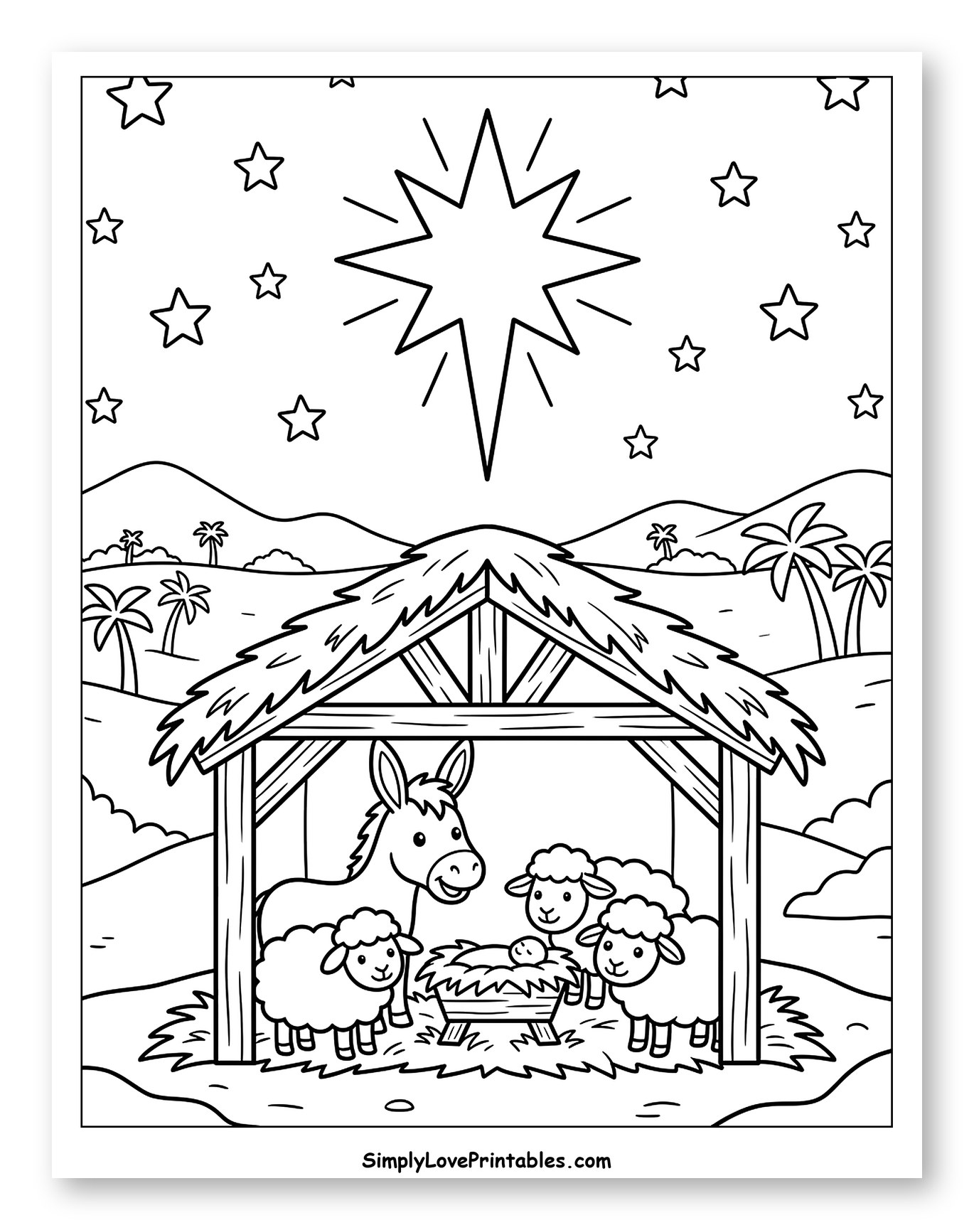 Baby Jesus in Manger with Animals Coloring Page for Kids
