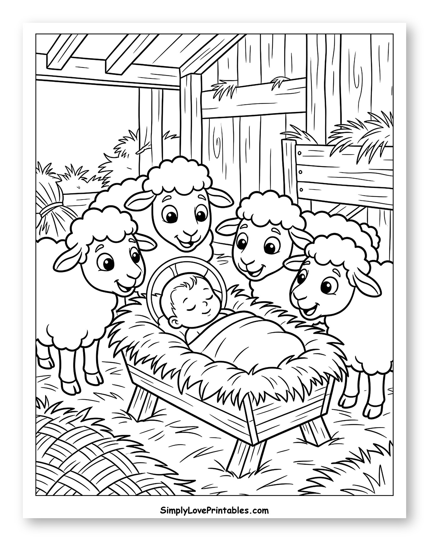 Baby Jesus in Manger with Smiling Sheep Coloring Page for Kids