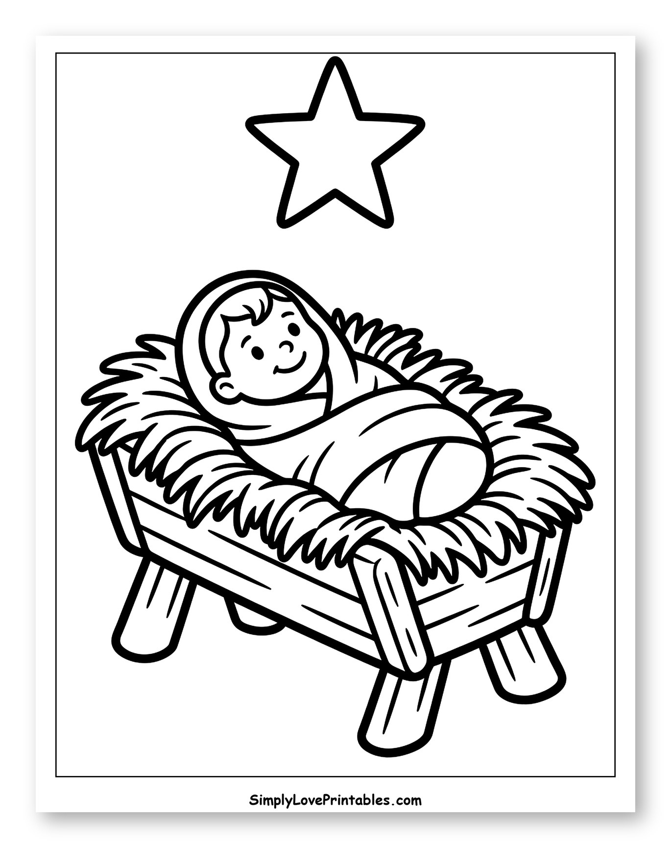 Baby Jesus in Manger with Star Coloring Page for Toddlers