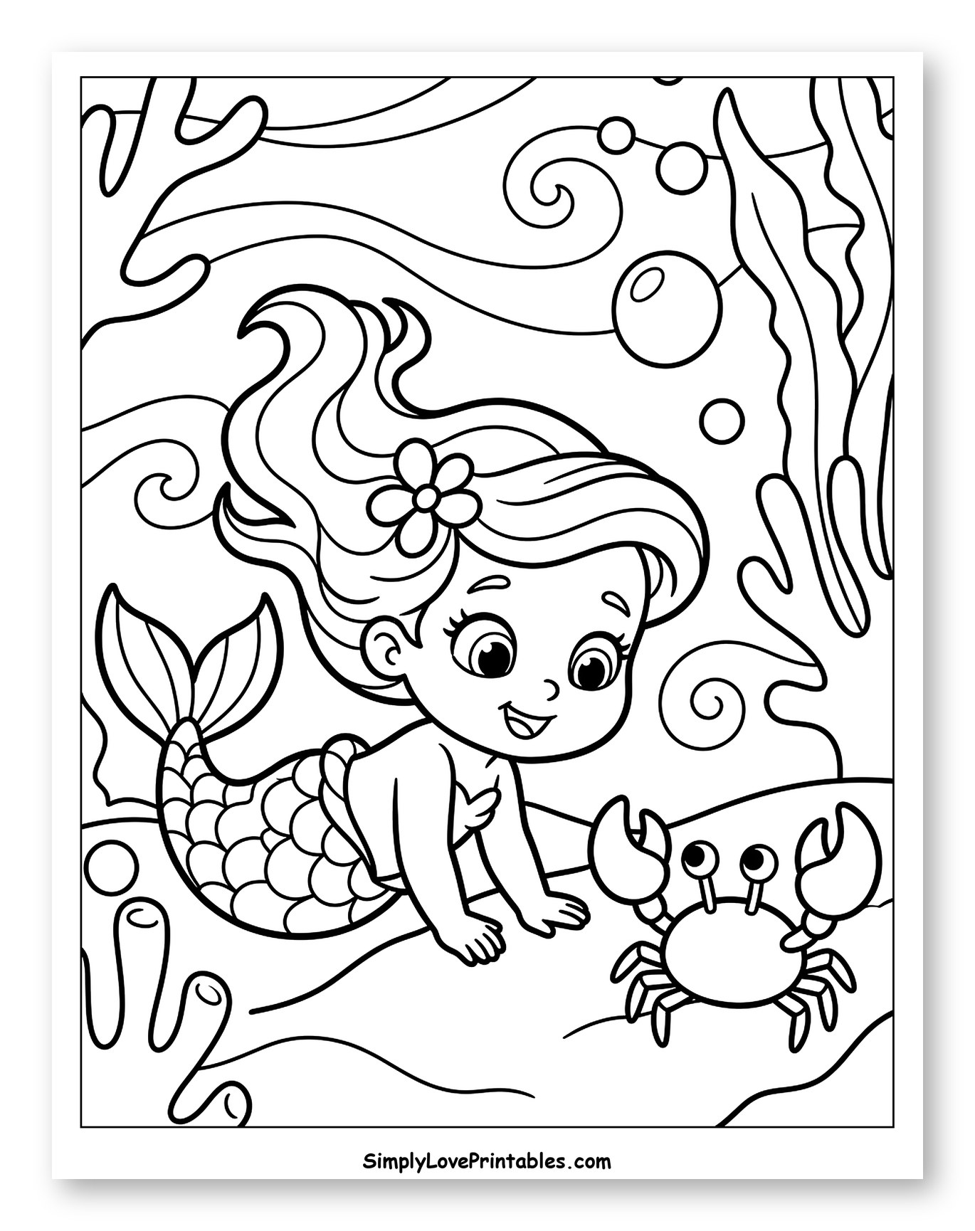 Baby Mermaid with a Crab Underwater to Color for Toddlers