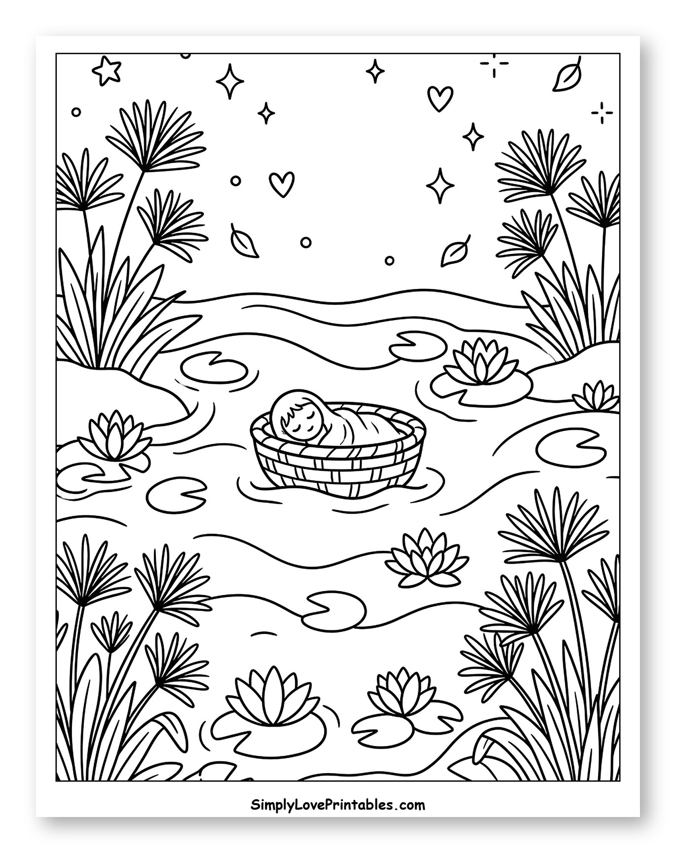 Baby Moses in a Basket on the Water Coloring Sheet for Adults