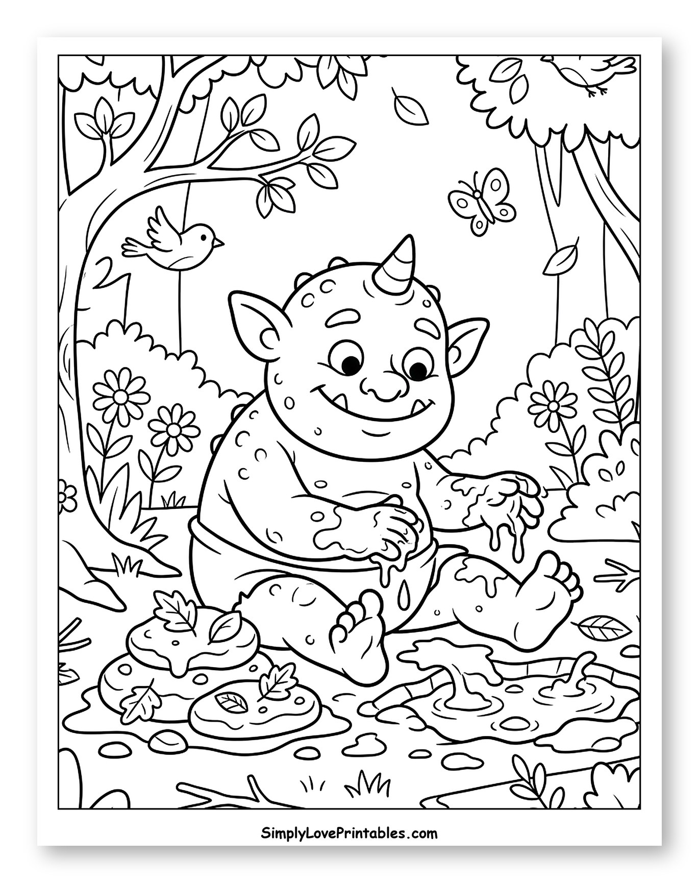 Baby Ogre Having Fun in Muddy Puddles to Color for Kids