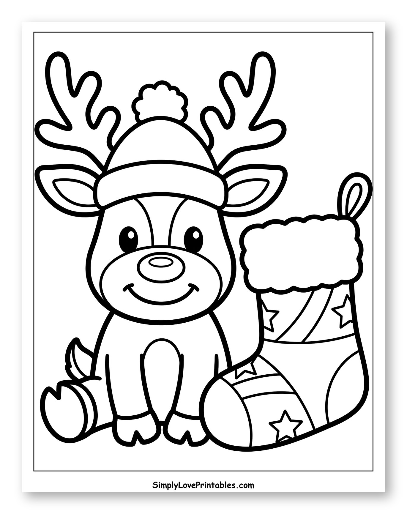 Baby Reindeer with Festive Christmas Stocking Coloring Sheet for Toddlers