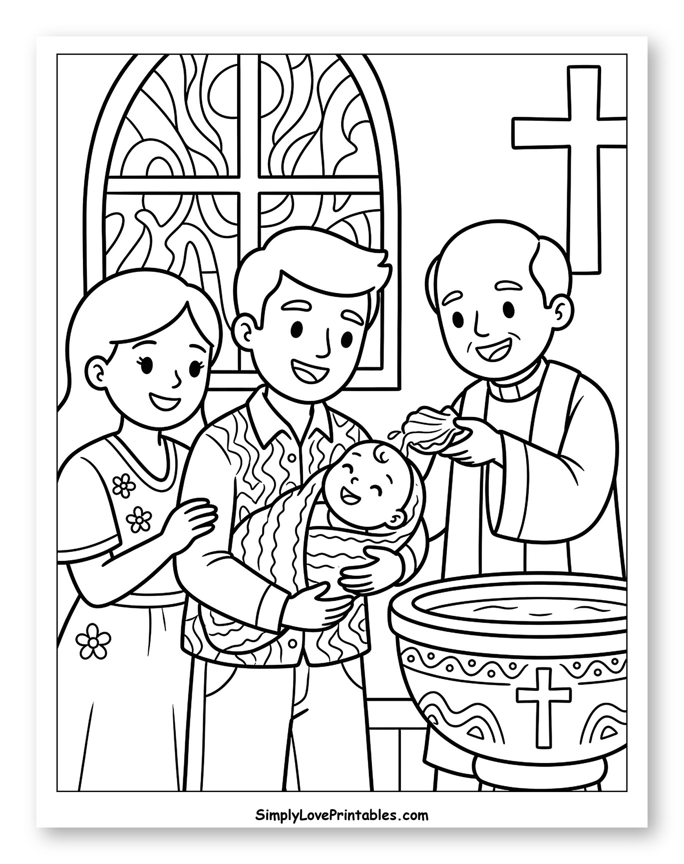Baby's Baptism with Parents and Priest Coloring Page for Kids