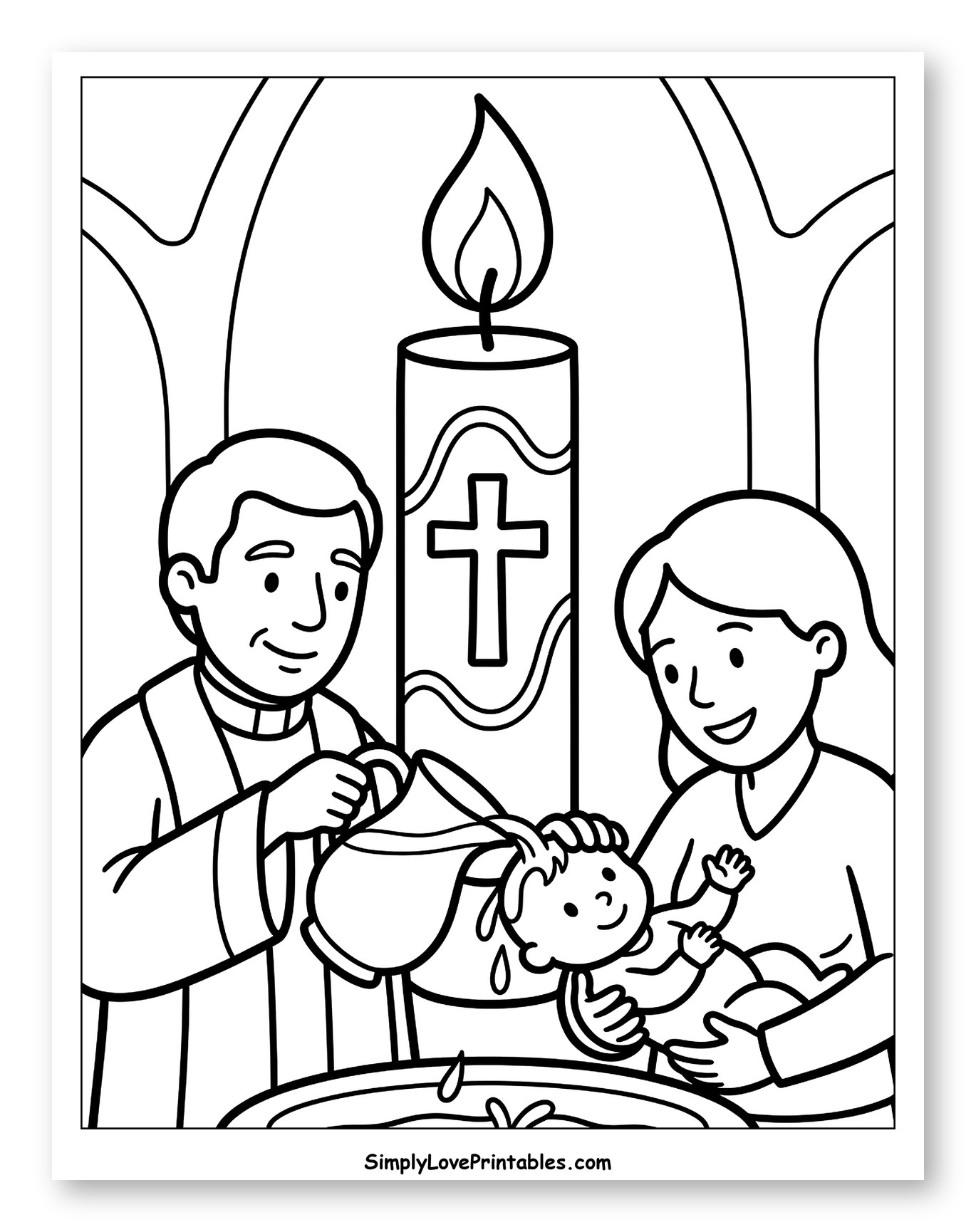 Baby's Baptism with Priest and Mother Coloring Page for Toddlers